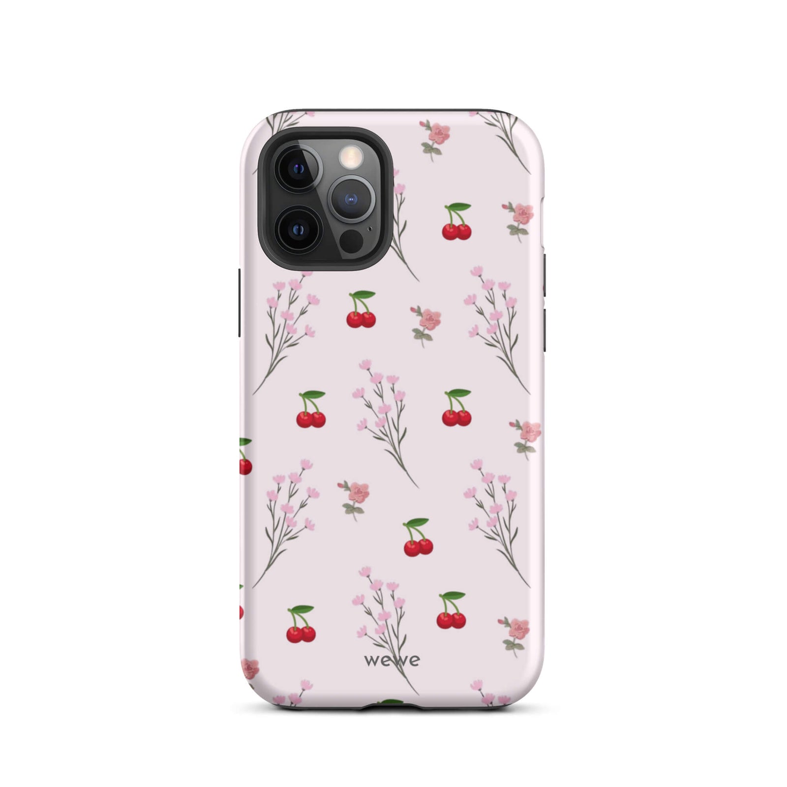 Custom iPhone case 12 pro with a cute and whimsical pattern of cherry branches, blossoms, and ripe cherries on a pale pink background.
