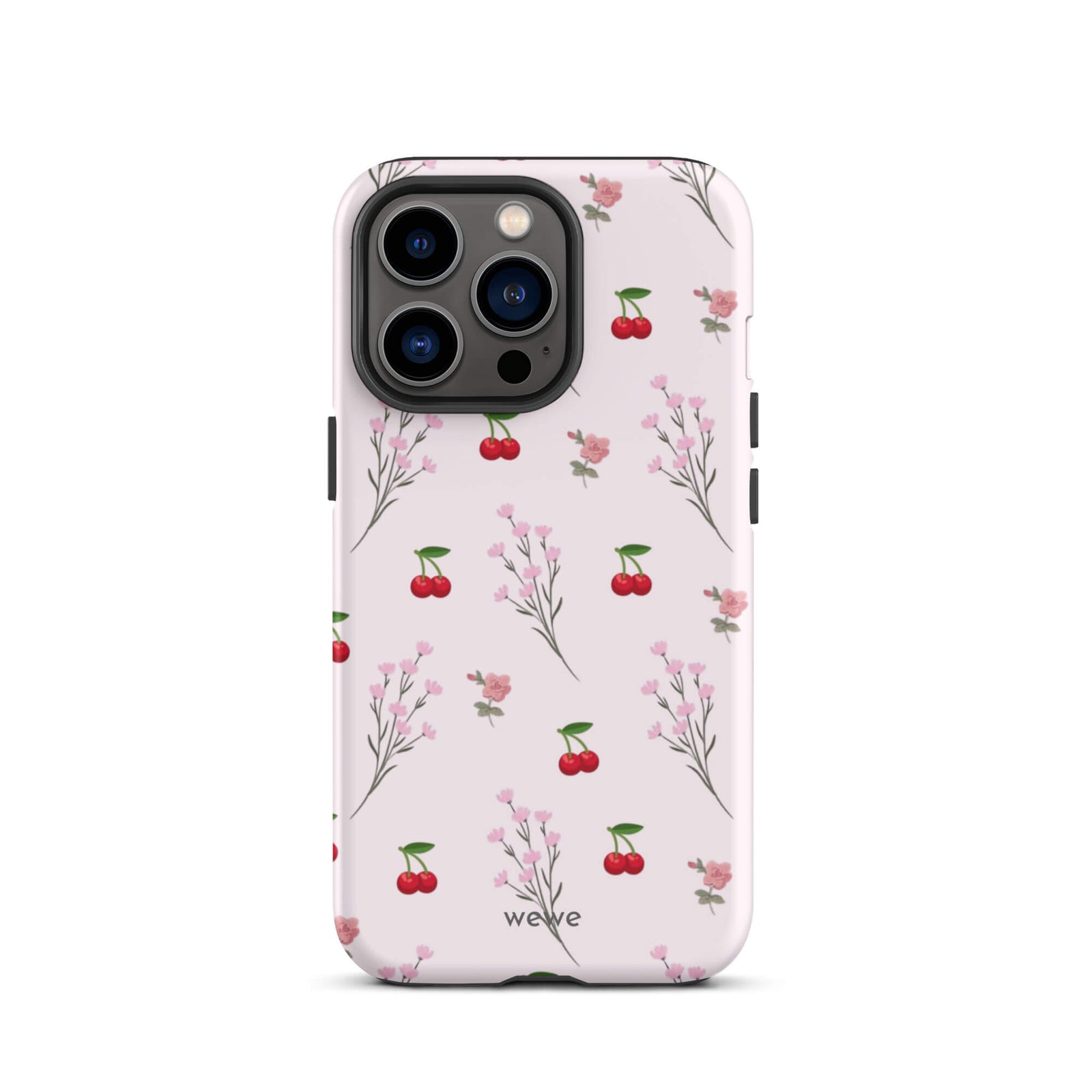 Custom iPhone case 13 pro with a cute and whimsical pattern of cherry branches, blossoms, and ripe cherries on a pale pink background.