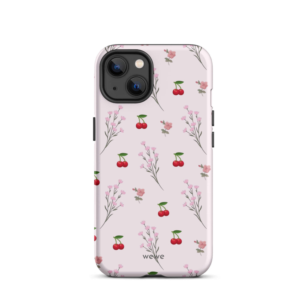Custom iPhone case 13 with a cute and whimsical pattern of cherry branches, blossoms, and ripe cherries on a pale pink background.