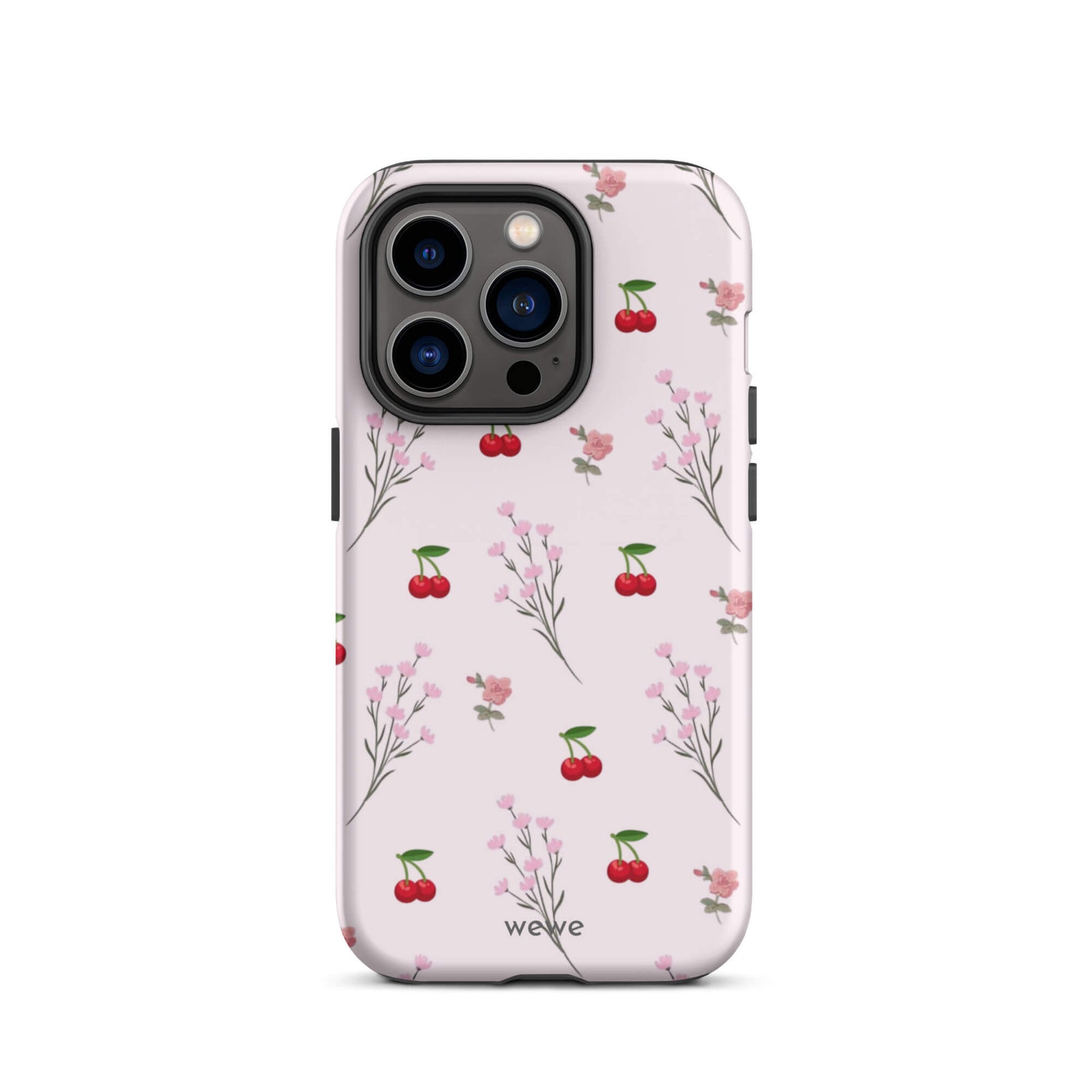 Custom iPhone case 14 pro with a cute and whimsical pattern of cherry branches, blossoms, and ripe cherries on a pale pink background.