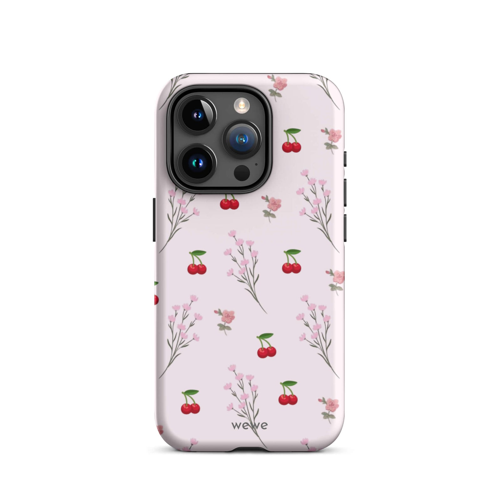 Custom iPhone case 15 pro with a cute and whimsical pattern of cherry branches, blossoms, and ripe cherries on a pale pink background.