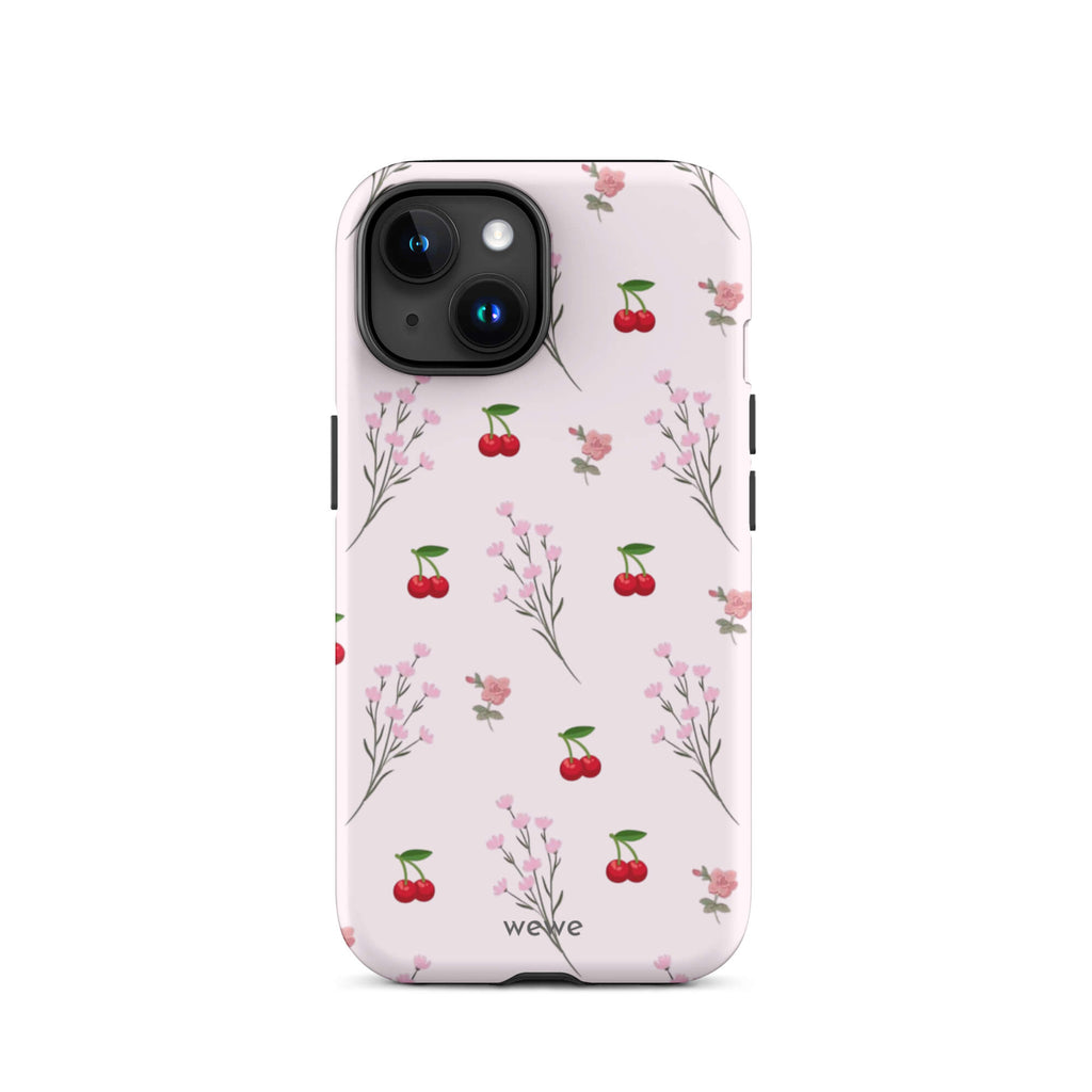 Custom iPhone case 15 with a cute and whimsical pattern of cherry branches, blossoms, and ripe cherries on a pale pink background.