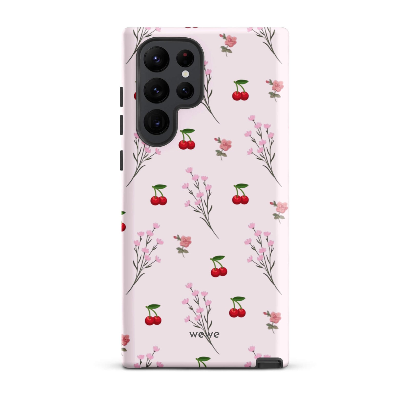 Custom samsung galaxy s25 ultra Phone case with a cute and whimsical pattern of cherry branches, blossoms, and ripe cherries on a pale pink background.