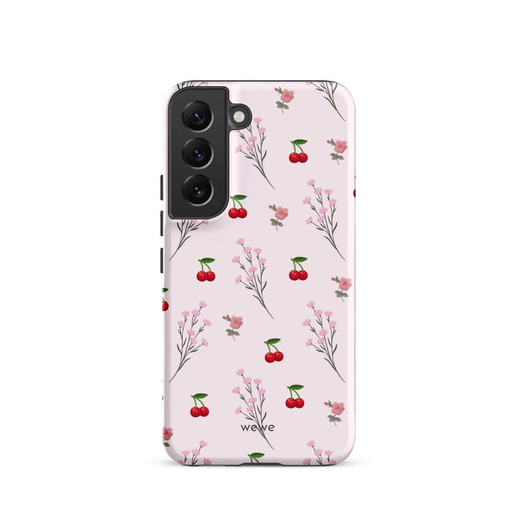 Custom samsung galaxy s22 Phone case with a cute and whimsical pattern of cherry branches, blossoms, and ripe cherries on a pale pink background.