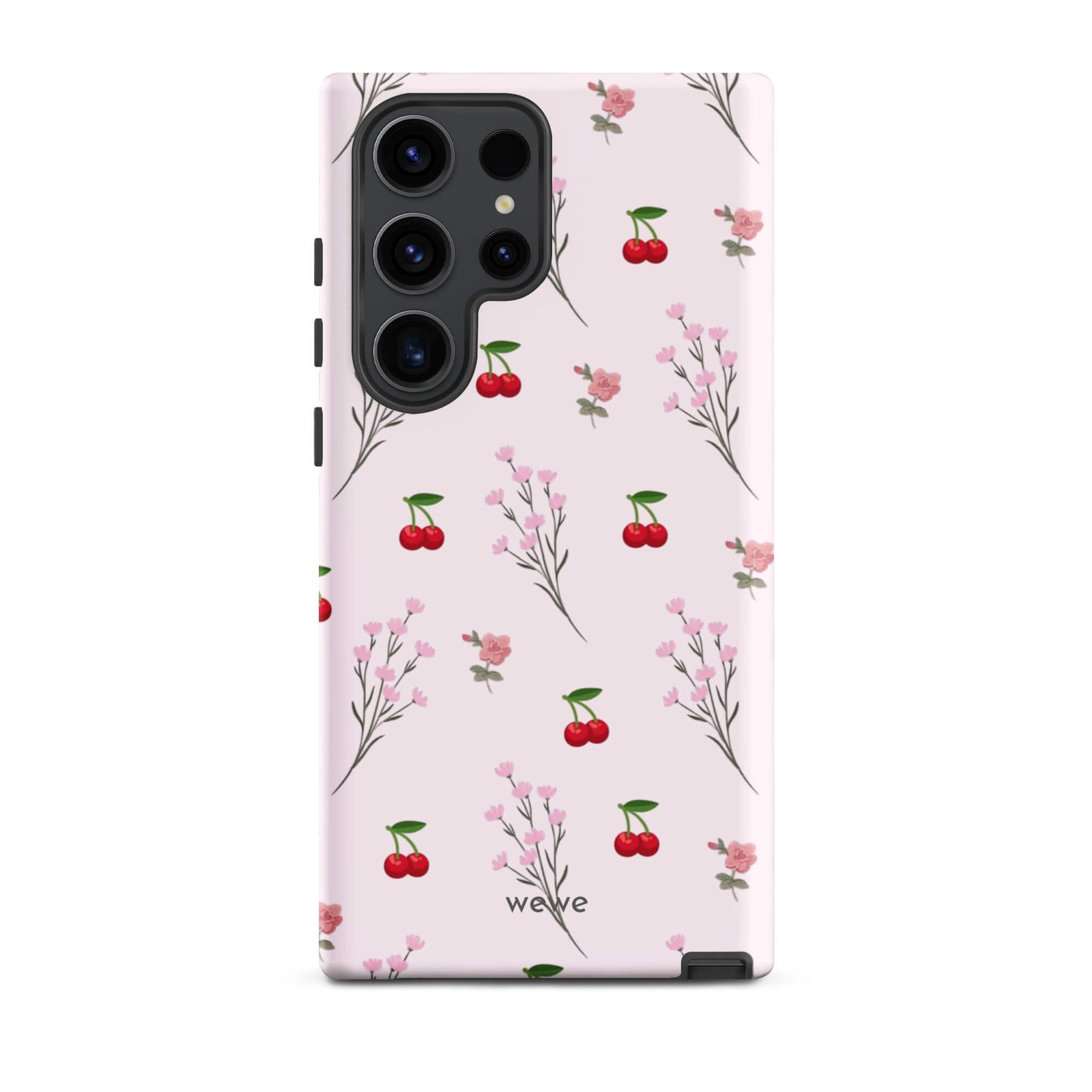 Custom samsung galaxy s23 ultra Phone case with a cute and whimsical pattern of cherry branches, blossoms, and ripe cherries on a pale pink background.