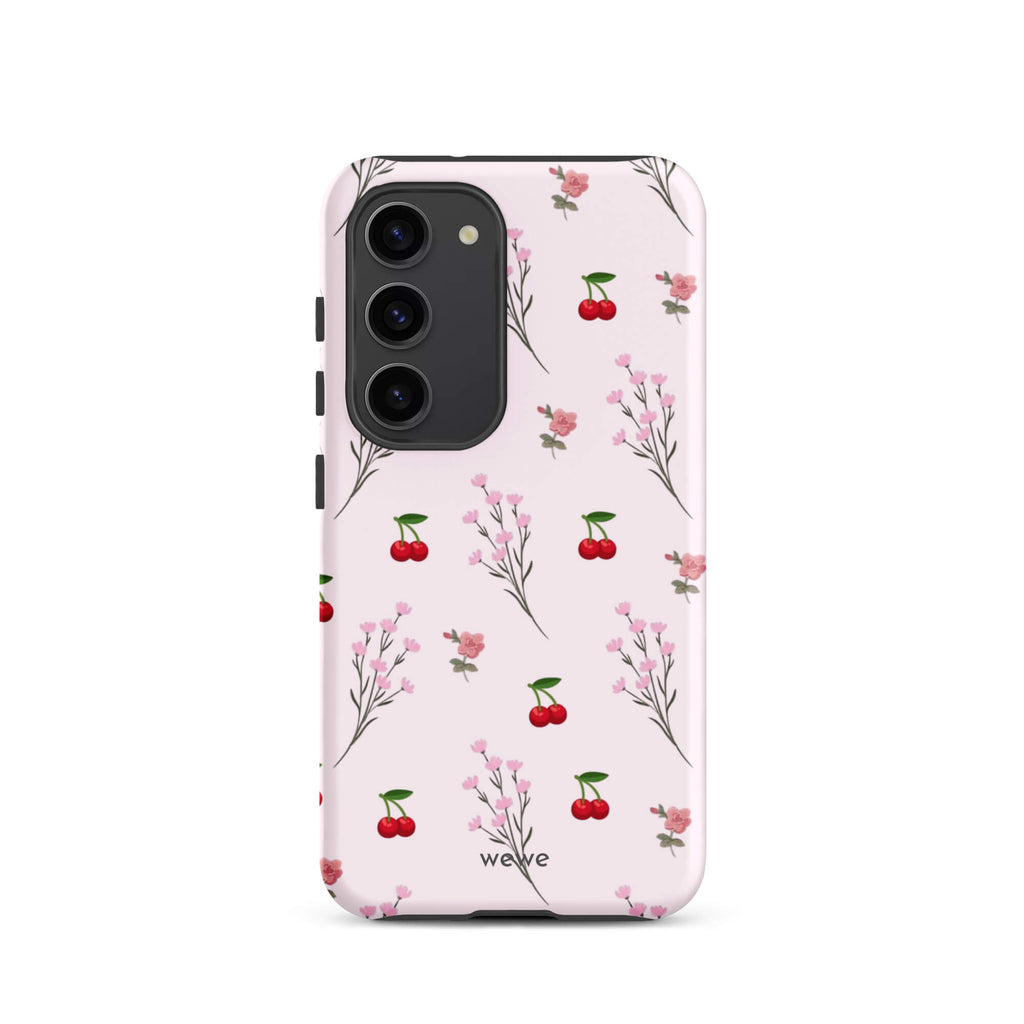Custom samsung galaxy s23 Phone case with a cute and whimsical pattern of cherry branches, blossoms, and ripe cherries on a pale pink background.