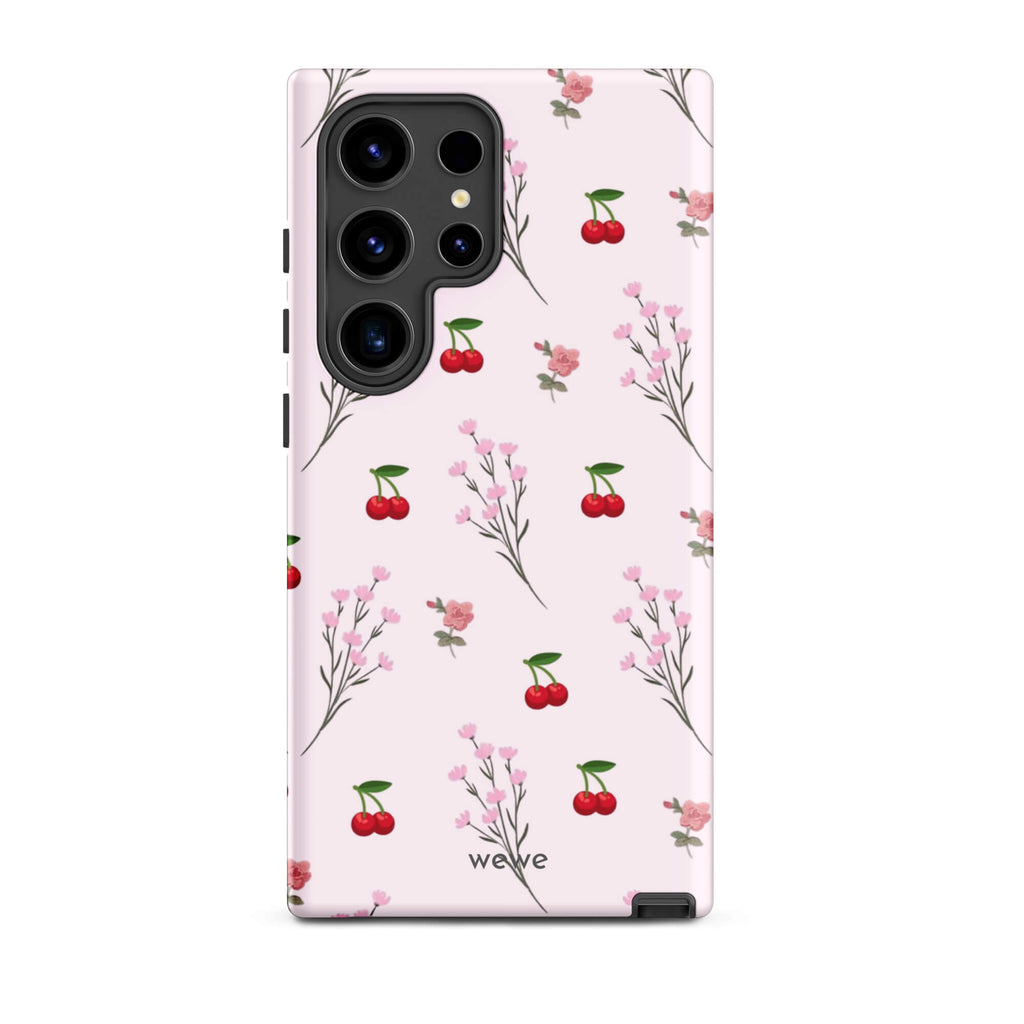 Custom samsung galaxy s24 ultra Phone case with a cute and whimsical pattern of cherry branches, blossoms, and ripe cherries on a pale pink background.