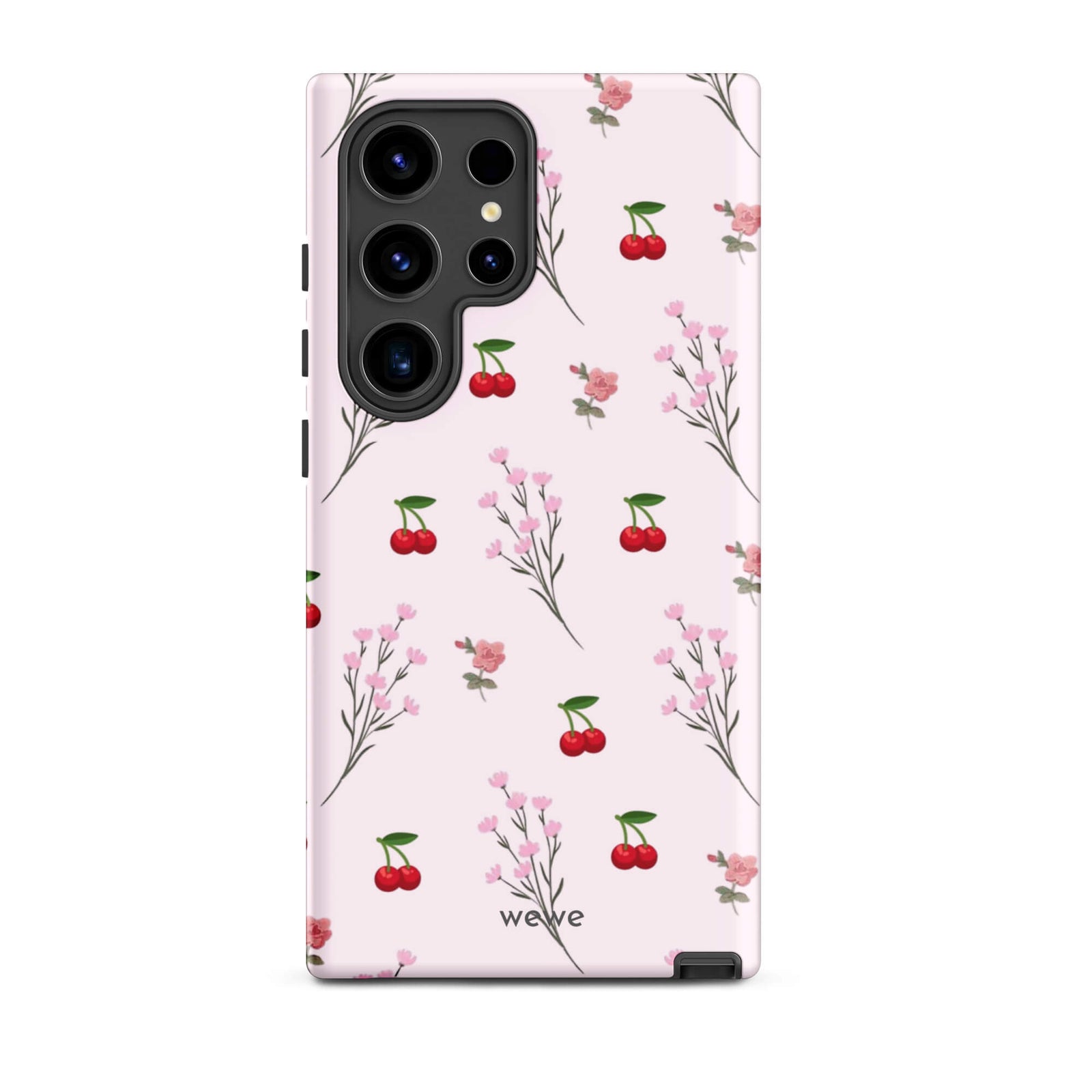 Custom samsung galaxy s24 ultra Phone case with a cute and whimsical pattern of cherry branches, blossoms, and ripe cherries on a pale pink background.