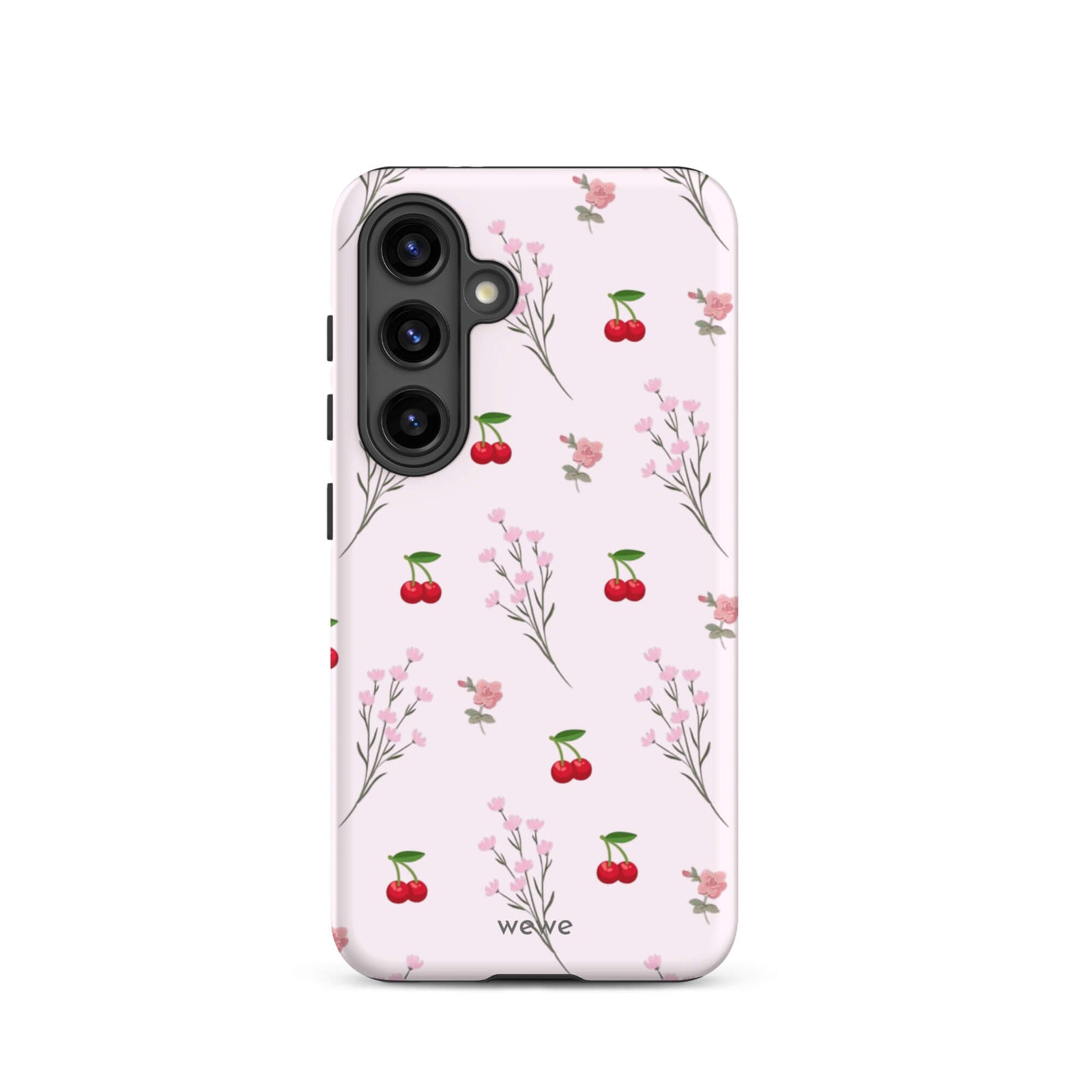 Custom samsung galaxy s24 Phone case with a cute and whimsical pattern of cherry branches, blossoms, and ripe cherries on a pale pink background.