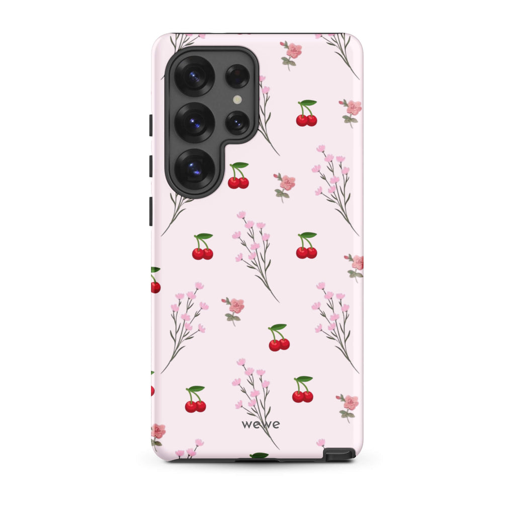 Custom samsung galaxy s25 ultra Phone case with a cute and whimsical pattern of cherry branches, blossoms, and ripe cherries on a pale pink background.