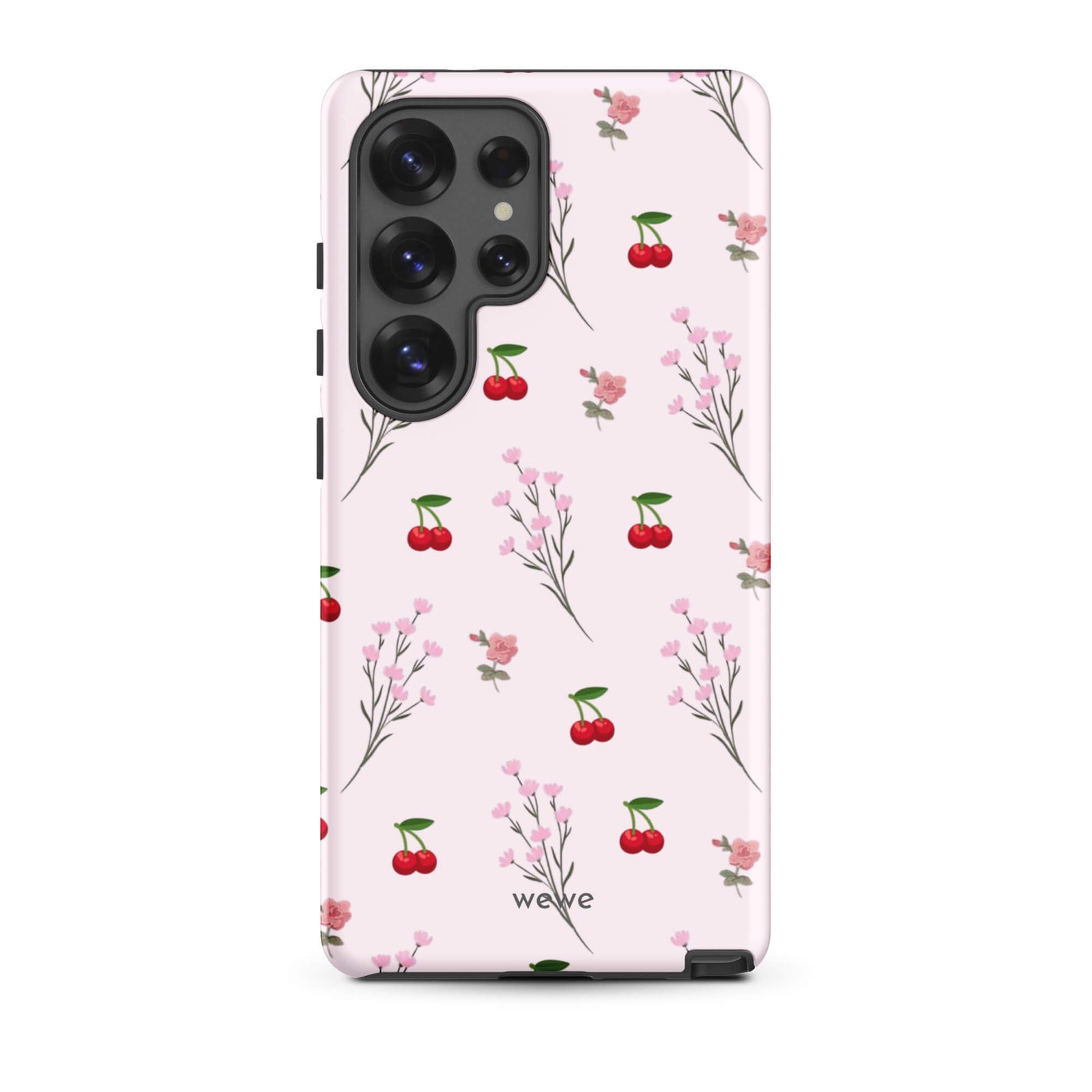 Custom samsung galaxy s25 ultra Phone case with a cute and whimsical pattern of cherry branches, blossoms, and ripe cherries on a pale pink background.