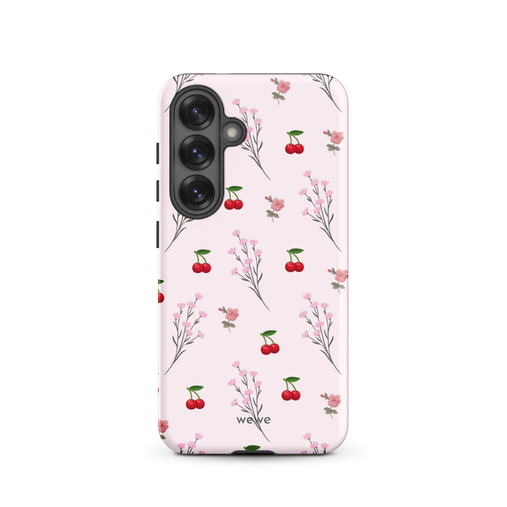 Custom samsung galaxy s25 Phone case with a cute and whimsical pattern of cherry branches, blossoms, and ripe cherries on a pale pink background.
