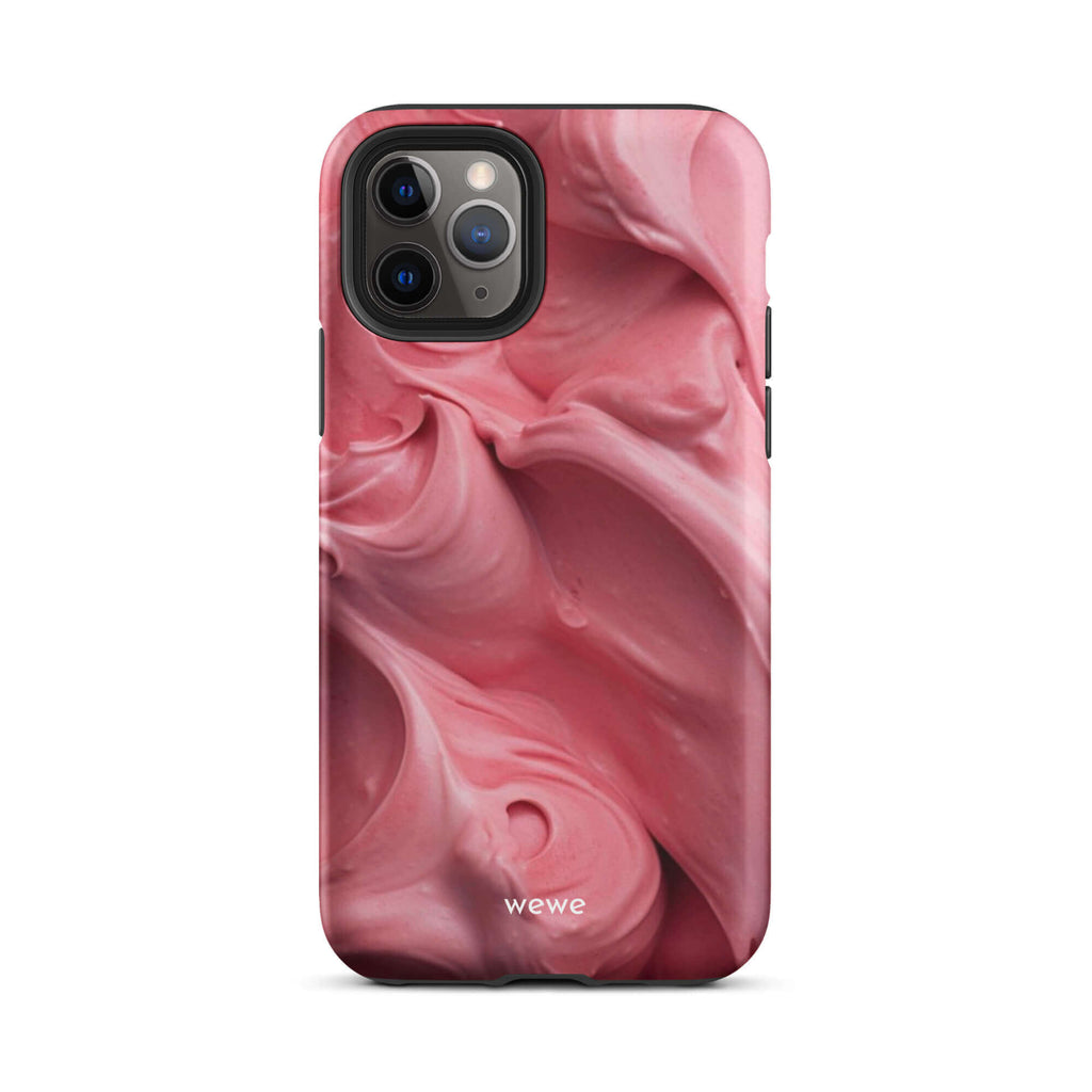 Custom iPhone case 11 with a close-up, macro photo of a textured, light pink frosting or ice cream.