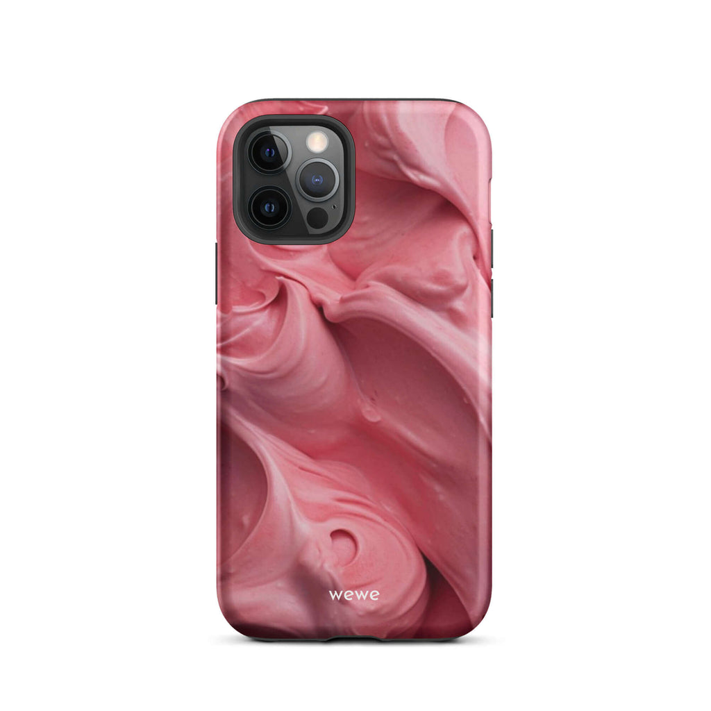 Custom iPhone case 12 pro with a close-up, macro photo of a textured, light pink frosting or ice cream.