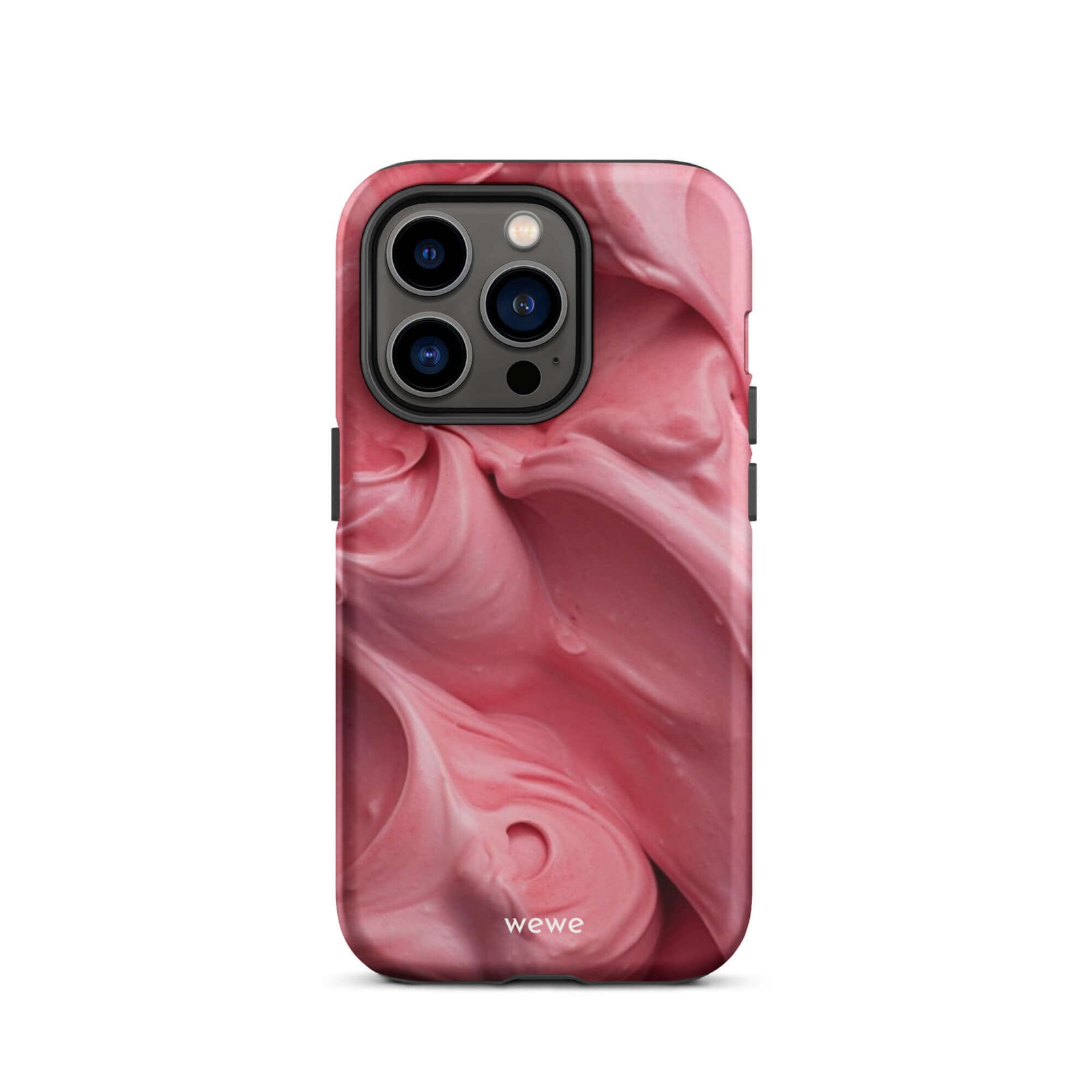 Custom iPhone case 14 pro with a close-up, macro photo of a textured, light pink frosting or ice cream.