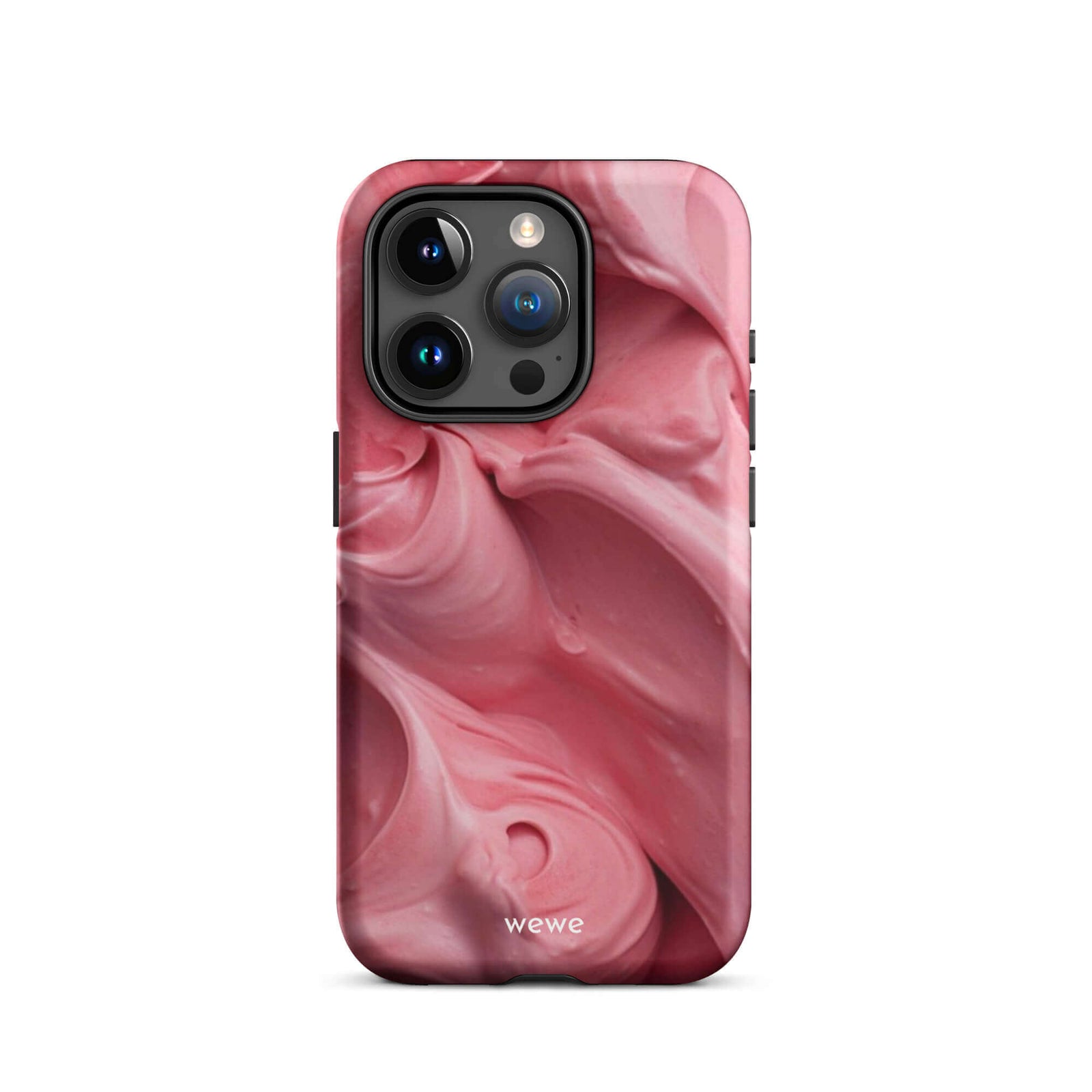 Custom iPhone case 15 pro with a close-up, macro photo of a textured, light pink frosting or ice cream.