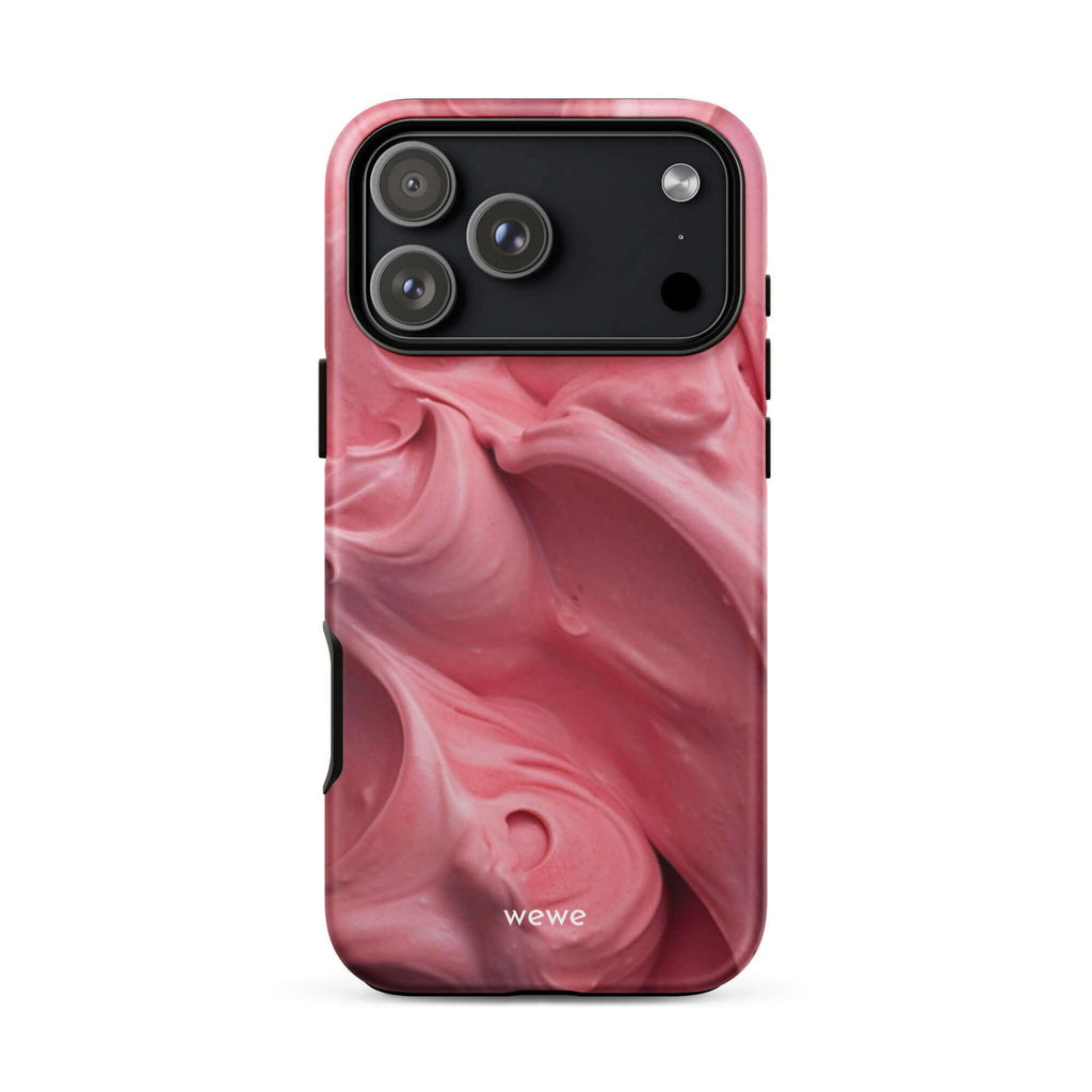 Custom iPhone case 17 pro max with a close-up, macro photo of a textured, light pink frosting or ice cream.