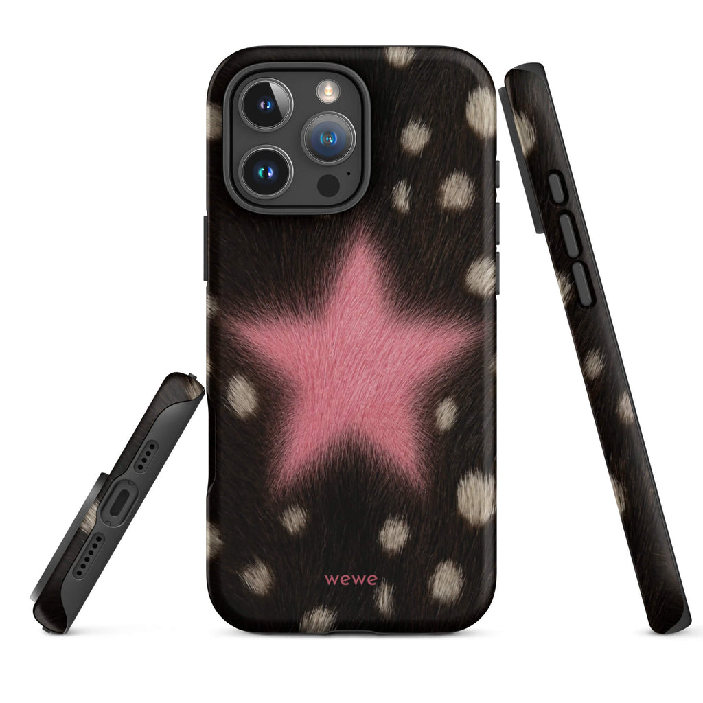 Pink Fuzzy Star Cow Print iPhone 16 Pro Max case front and side views