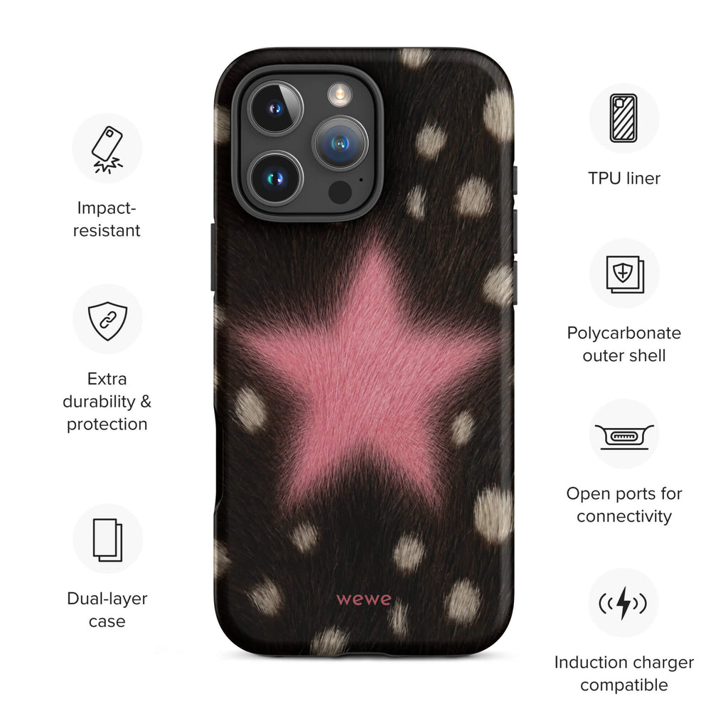 Pink Fuzzy Star Cow Print iPhone 16 Pro Max case protective features
