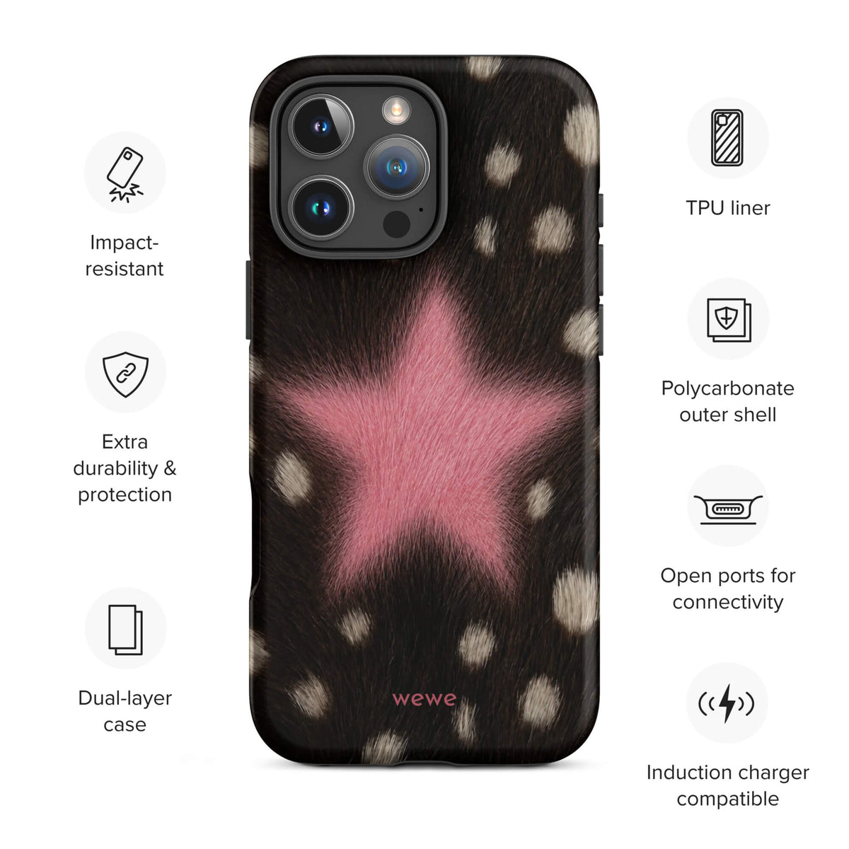 Pink Fuzzy Star Cow Print iPhone 16 Pro Max case protective features