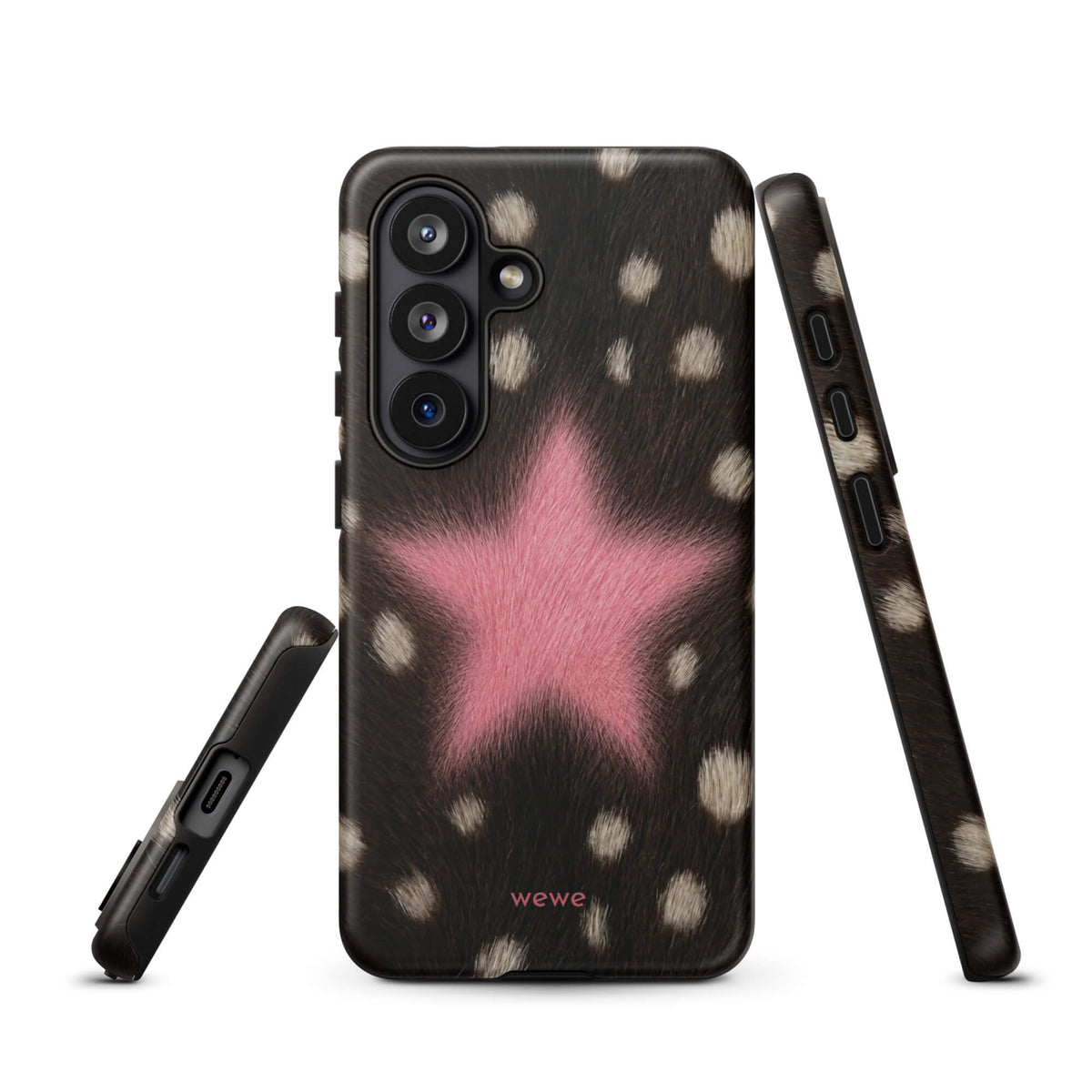 Dark brown, black and cream cow-print iPhone case with a large soft-focus bubblegum-pink fuzzy star