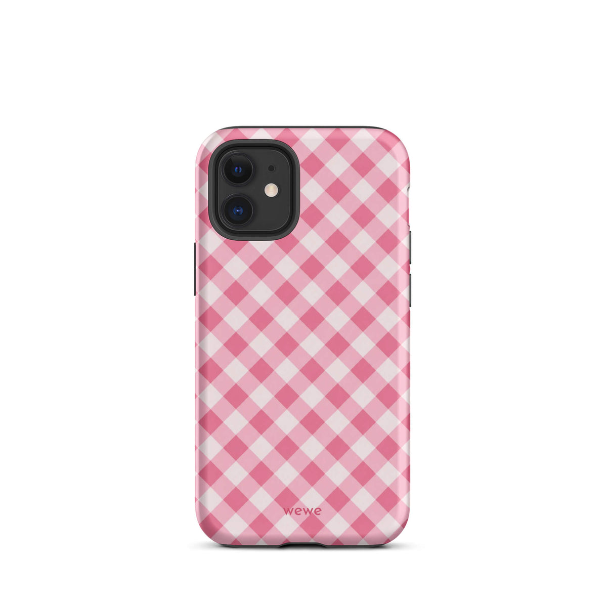 Bubblegum-pink and soft-white iPhone case with an evenly repeated gingham check pattern