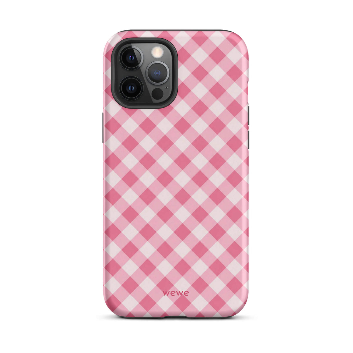 Bubblegum-pink and soft-white iPhone case with an evenly repeated gingham check pattern