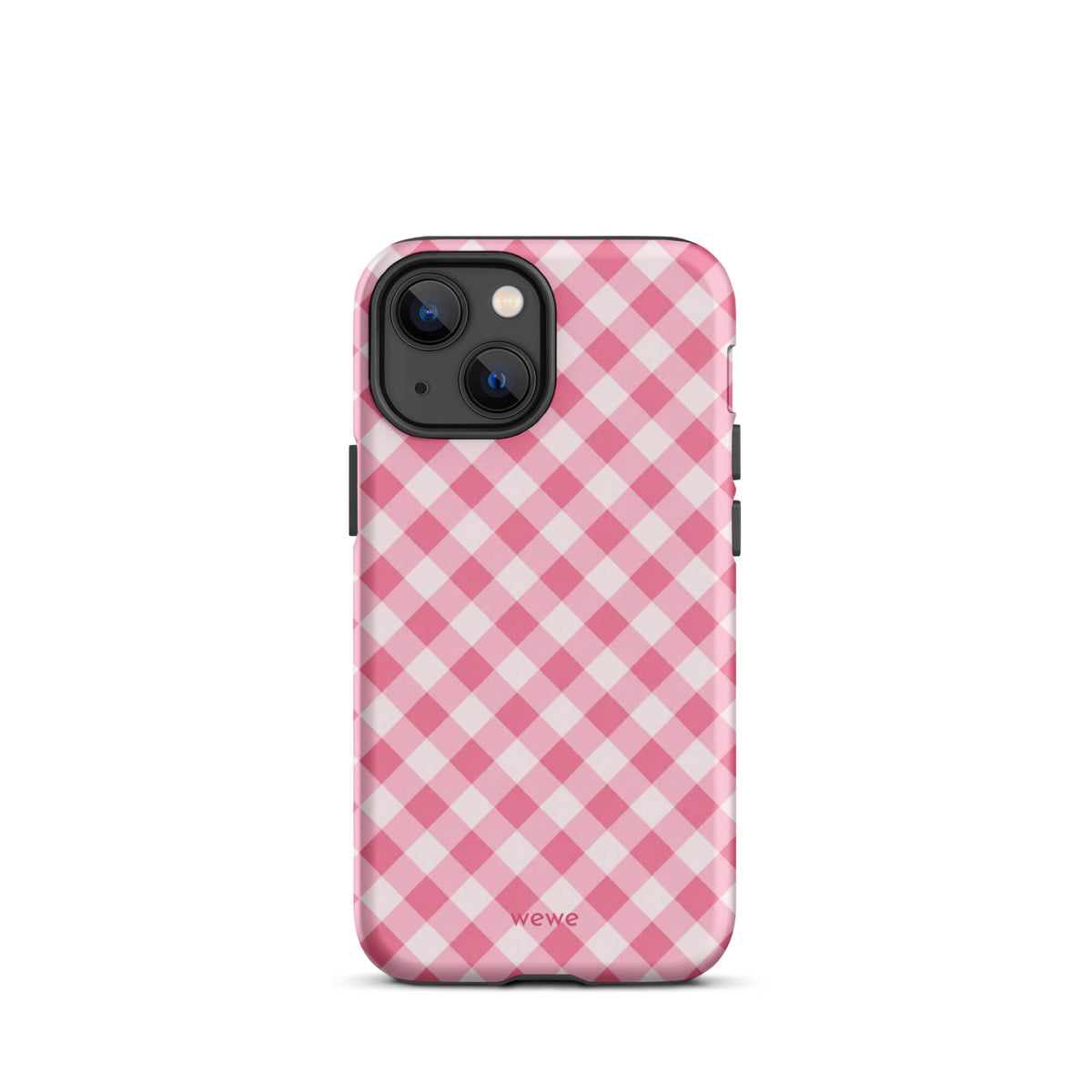 Bubblegum-pink and soft-white iPhone case with an evenly repeated gingham check pattern