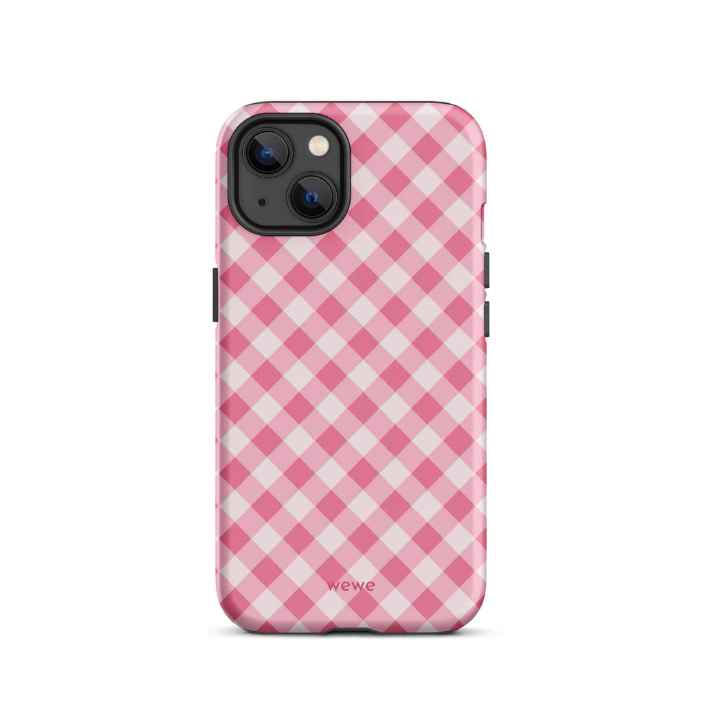 Bubblegum-pink and soft-white iPhone case with an evenly repeated gingham check pattern