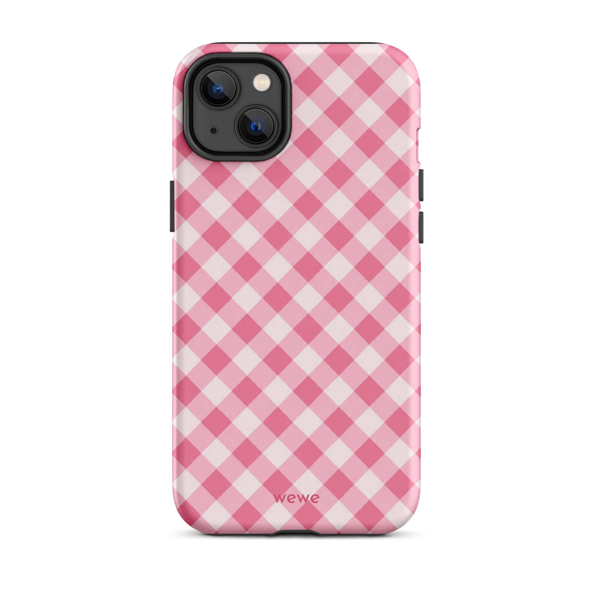 Bubblegum-pink and soft-white iPhone case with an evenly repeated gingham check pattern
