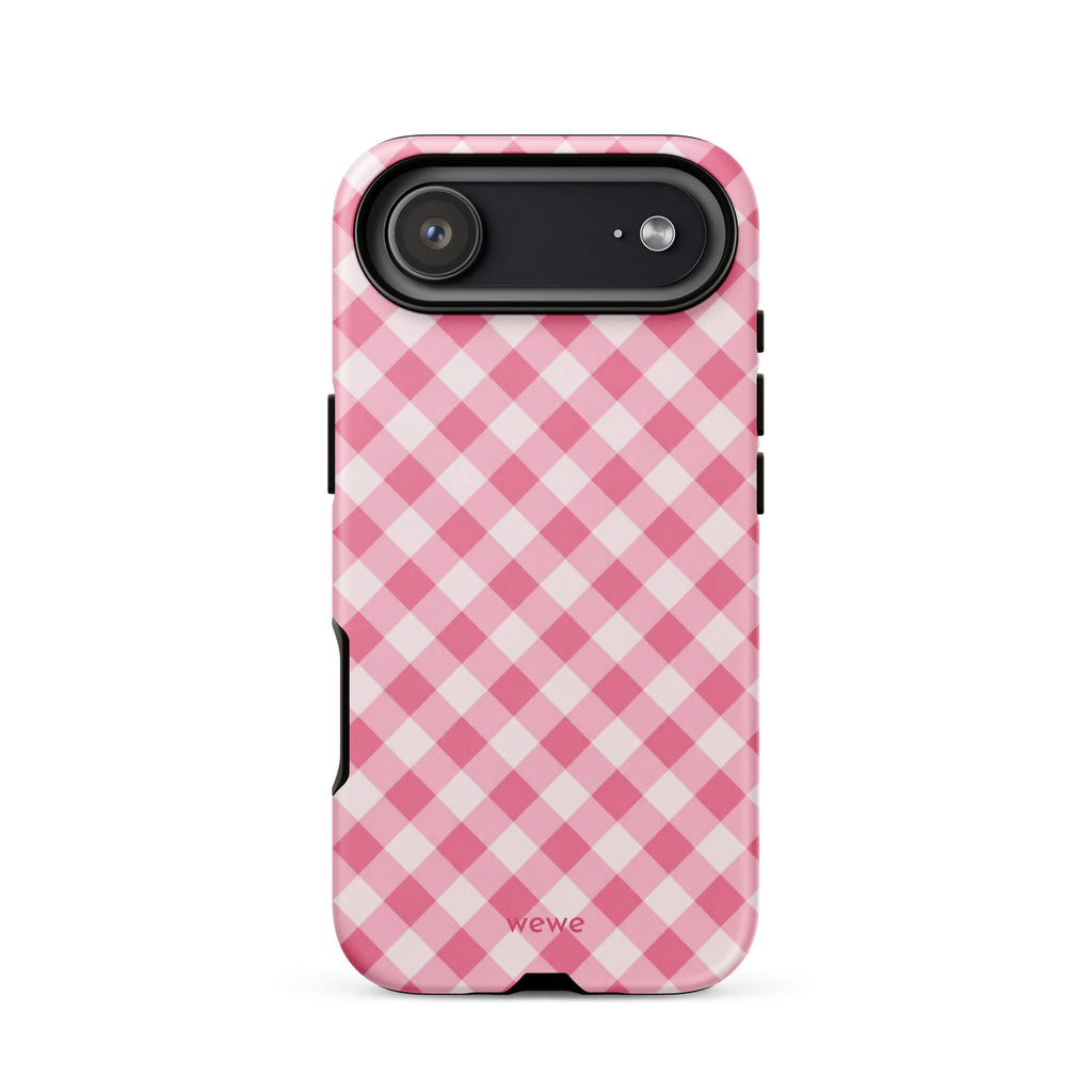 Bubblegum-pink and soft-white iPhone case with an evenly repeated gingham check pattern