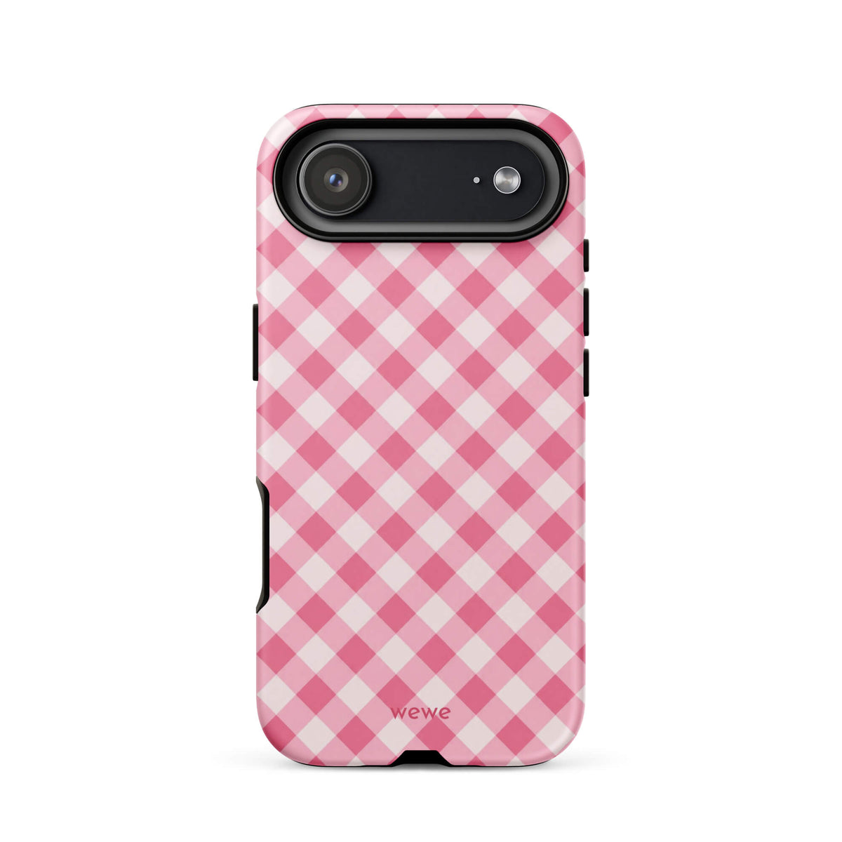 Bubblegum-pink and soft-white iPhone case with an evenly repeated gingham check pattern