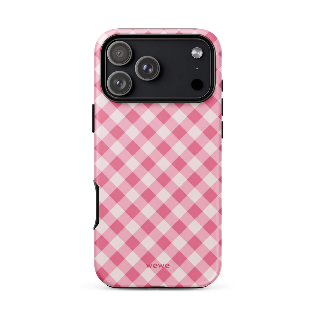 Bubblegum-pink and soft-white iPhone case with an evenly repeated gingham check pattern