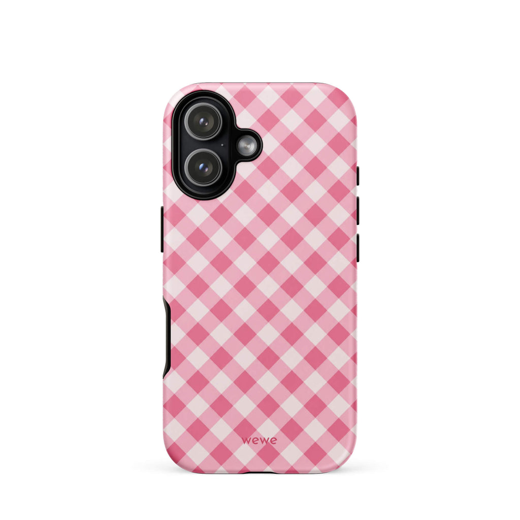 Bubblegum-pink and soft-white iPhone case with an evenly repeated gingham check pattern