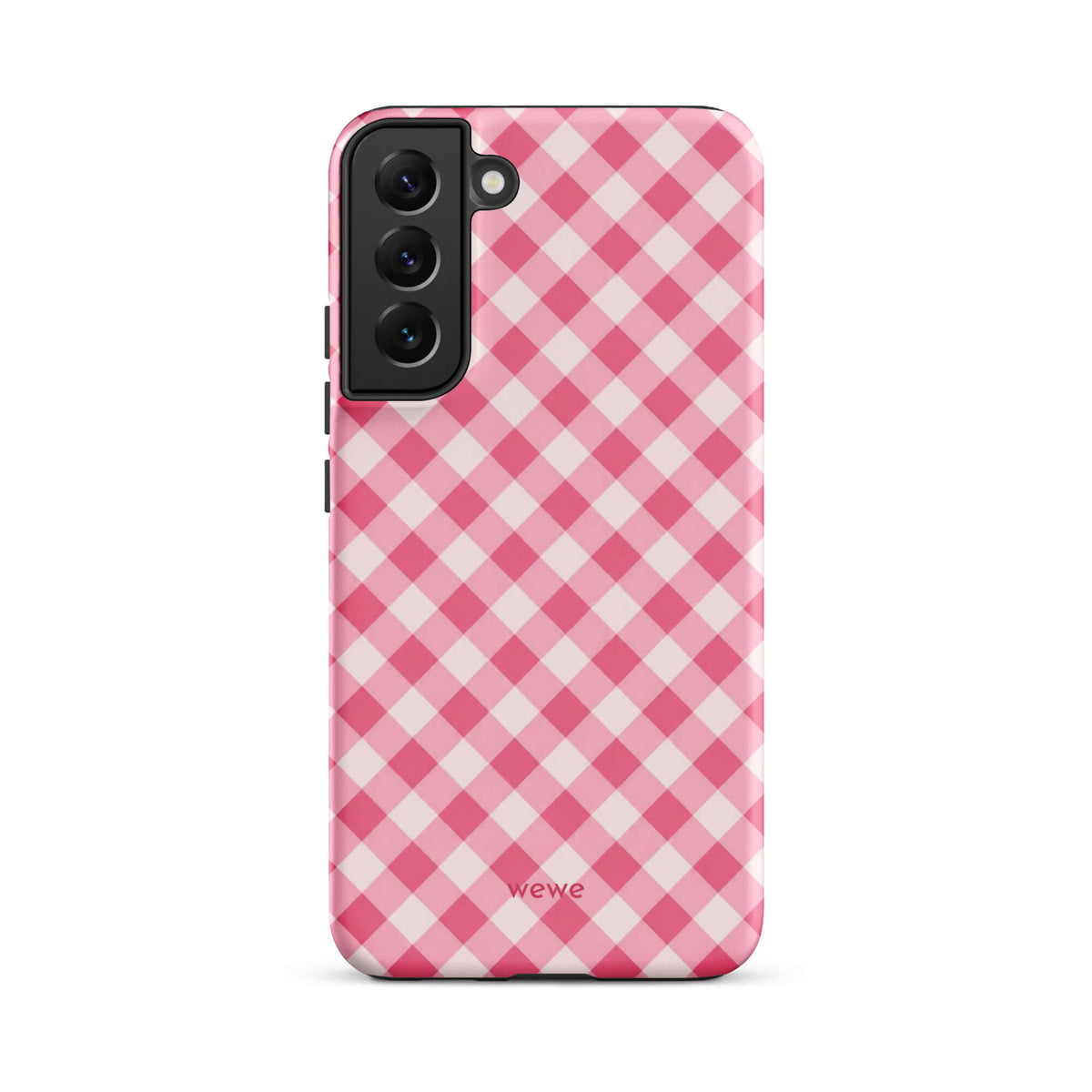 Bubblegum-pink and soft-white iPhone case with an evenly repeated gingham check pattern