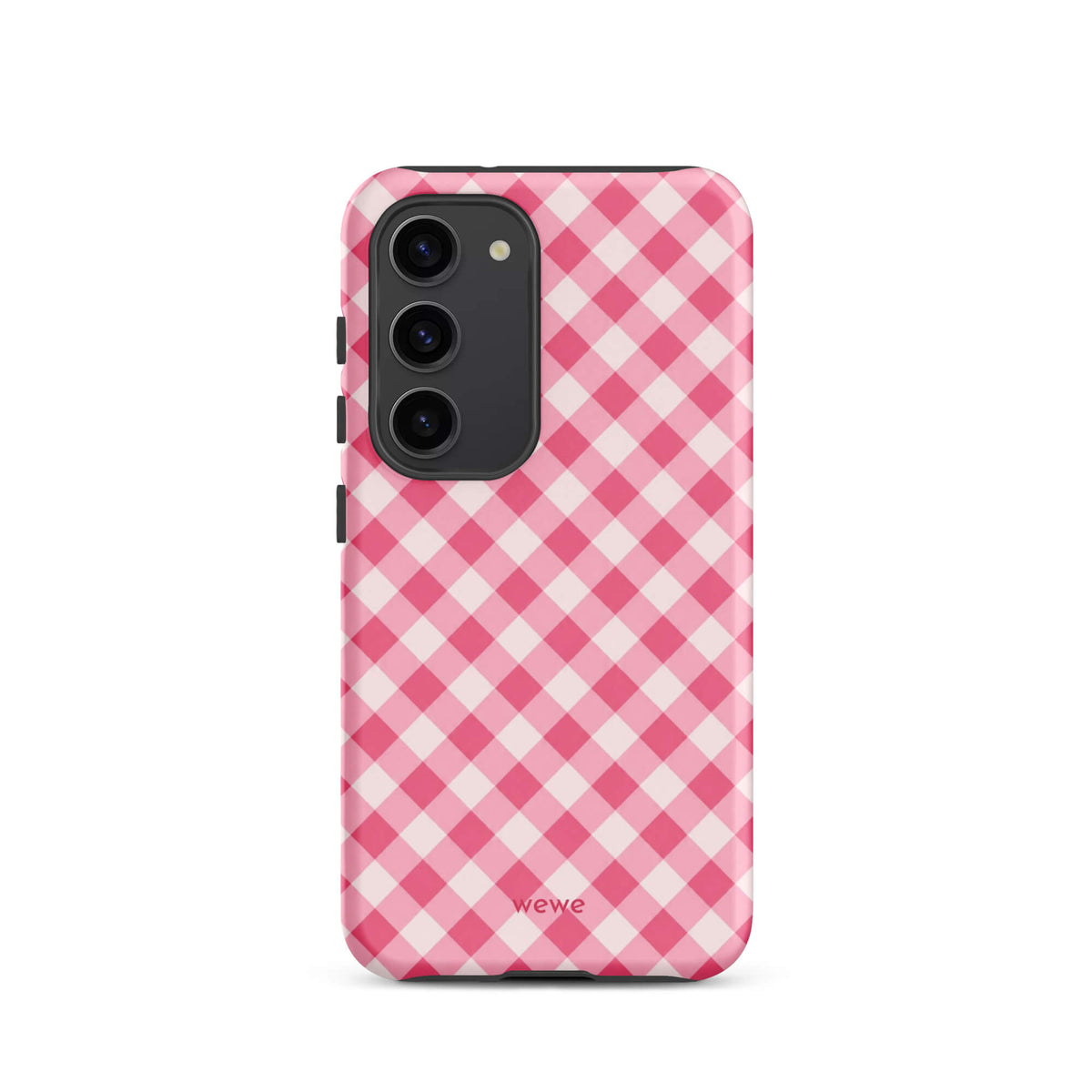 Bubblegum-pink and soft-white iPhone case with an evenly repeated gingham check pattern