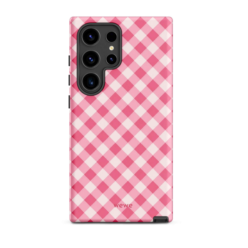 Bubblegum-pink and soft-white iPhone case with an evenly repeated gingham check pattern
