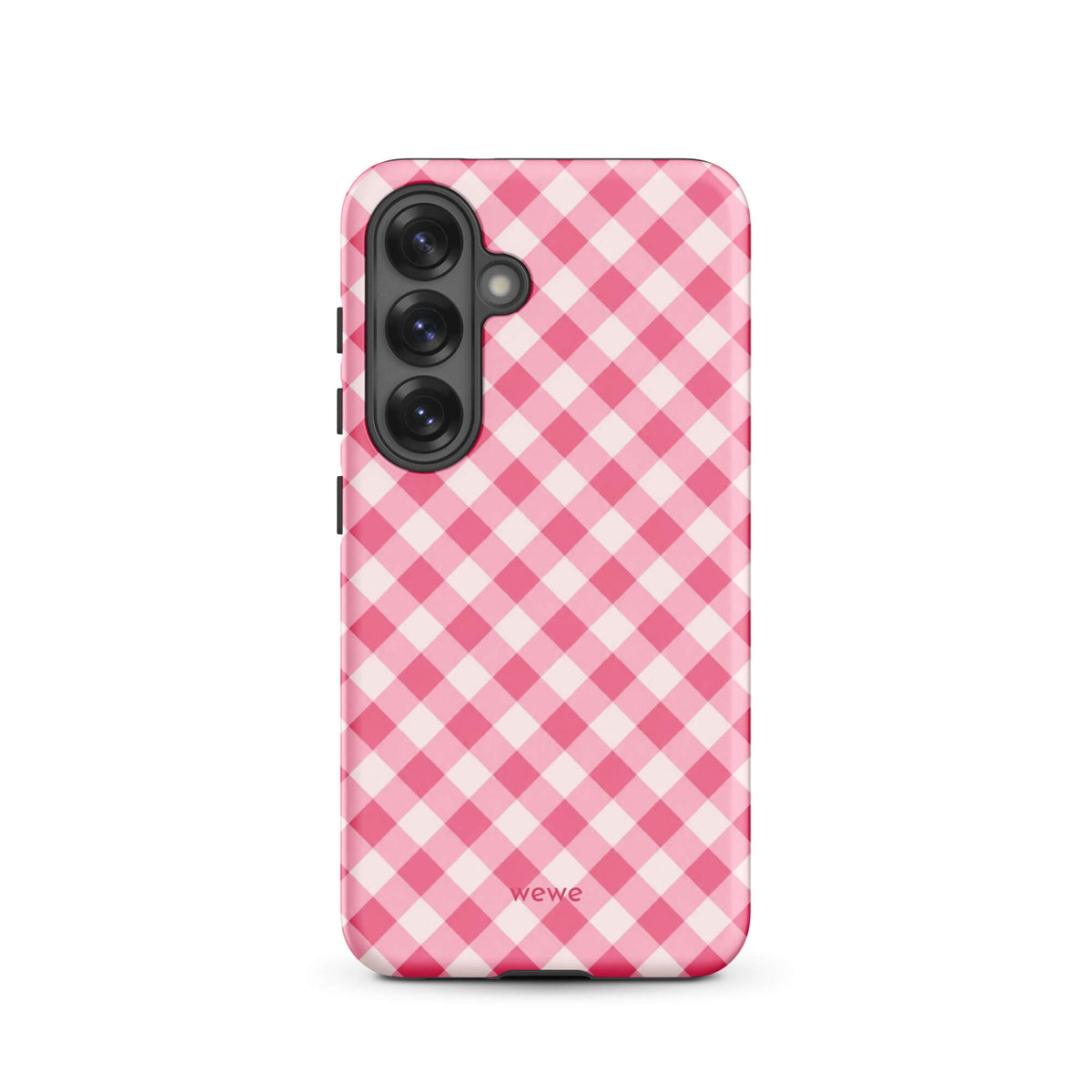 Bubblegum-pink and soft-white iPhone case with an evenly repeated gingham check pattern