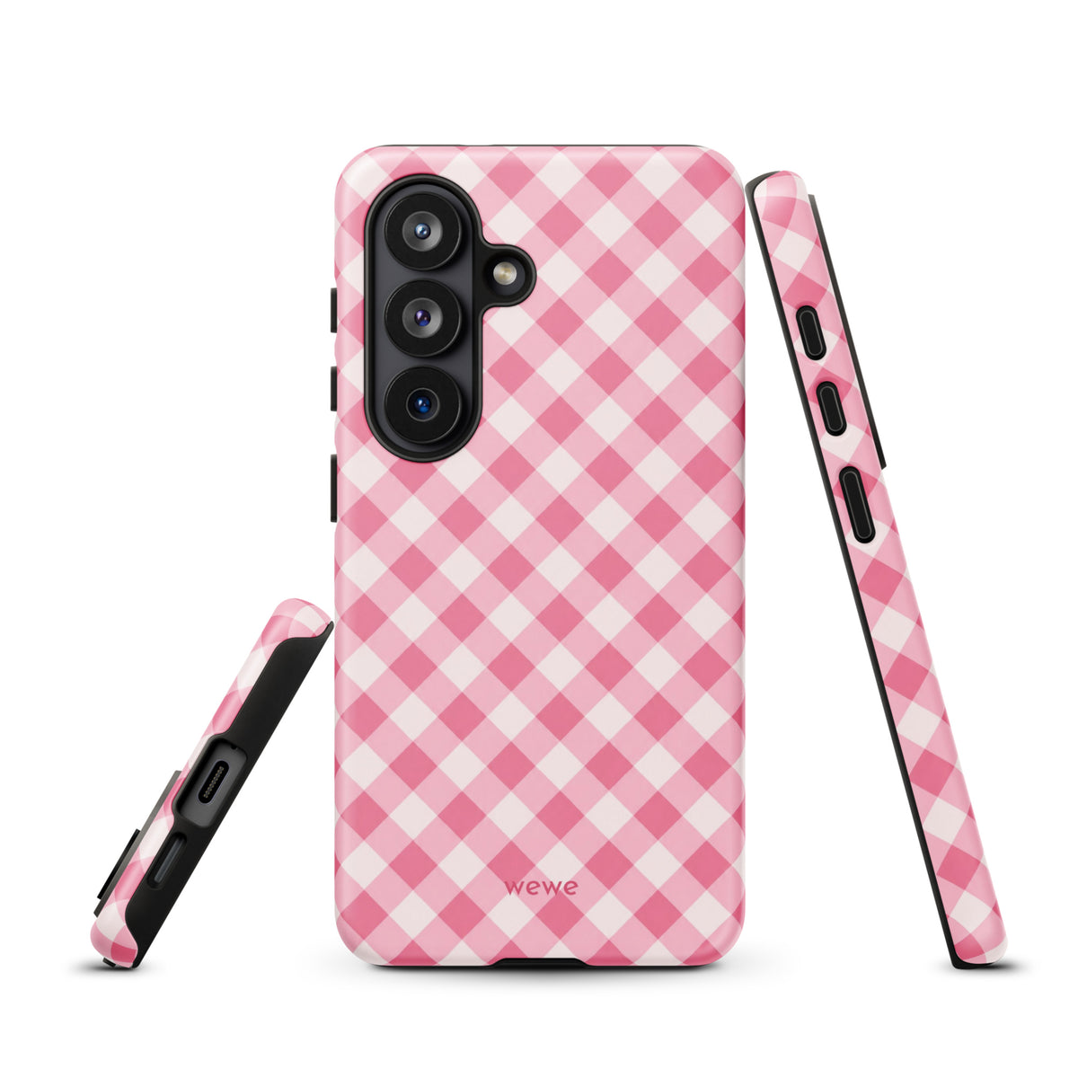 Bubblegum-pink and soft-white iPhone case with an evenly repeated gingham check pattern