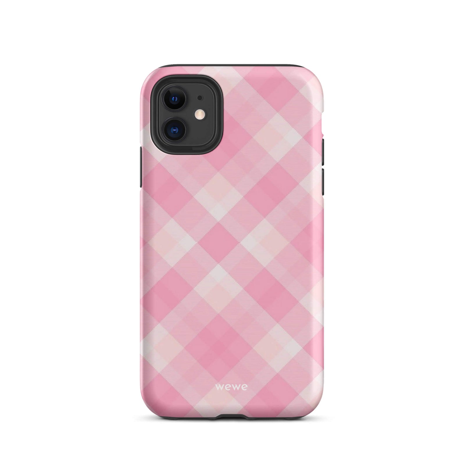 Custom iPhone case 11 with a  classic pink and white gingham checkered pattern.