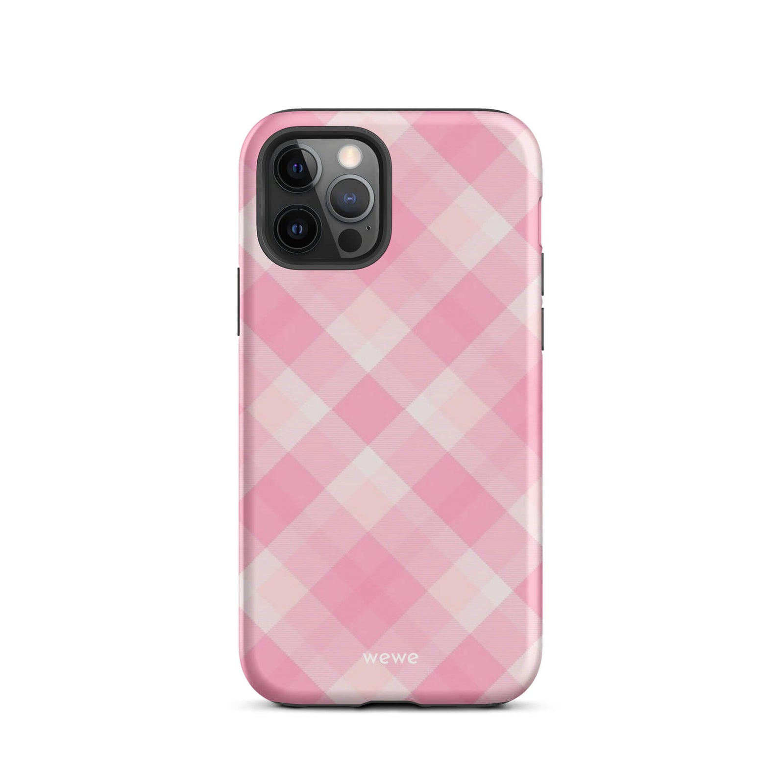 Custom iPhone case 12 pro with a  classic pink and white gingham checkered pattern.