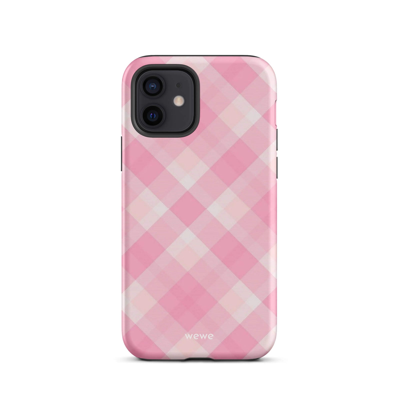 Custom iPhone case 12 with a  classic pink and white gingham checkered pattern.