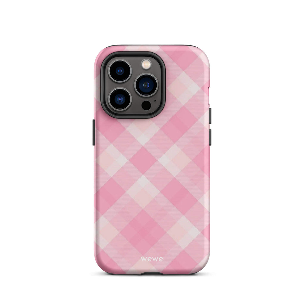 Custom iPhone case 14 pro with a  classic pink and white gingham checkered pattern.