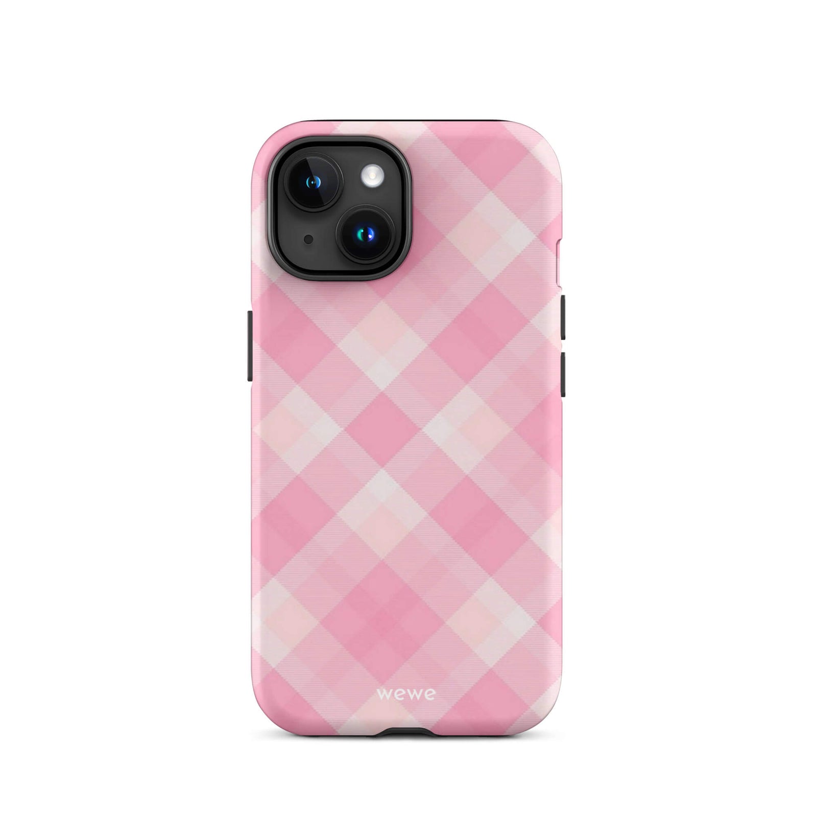 Custom iPhone case 15 with a  classic pink and white gingham checkered pattern.