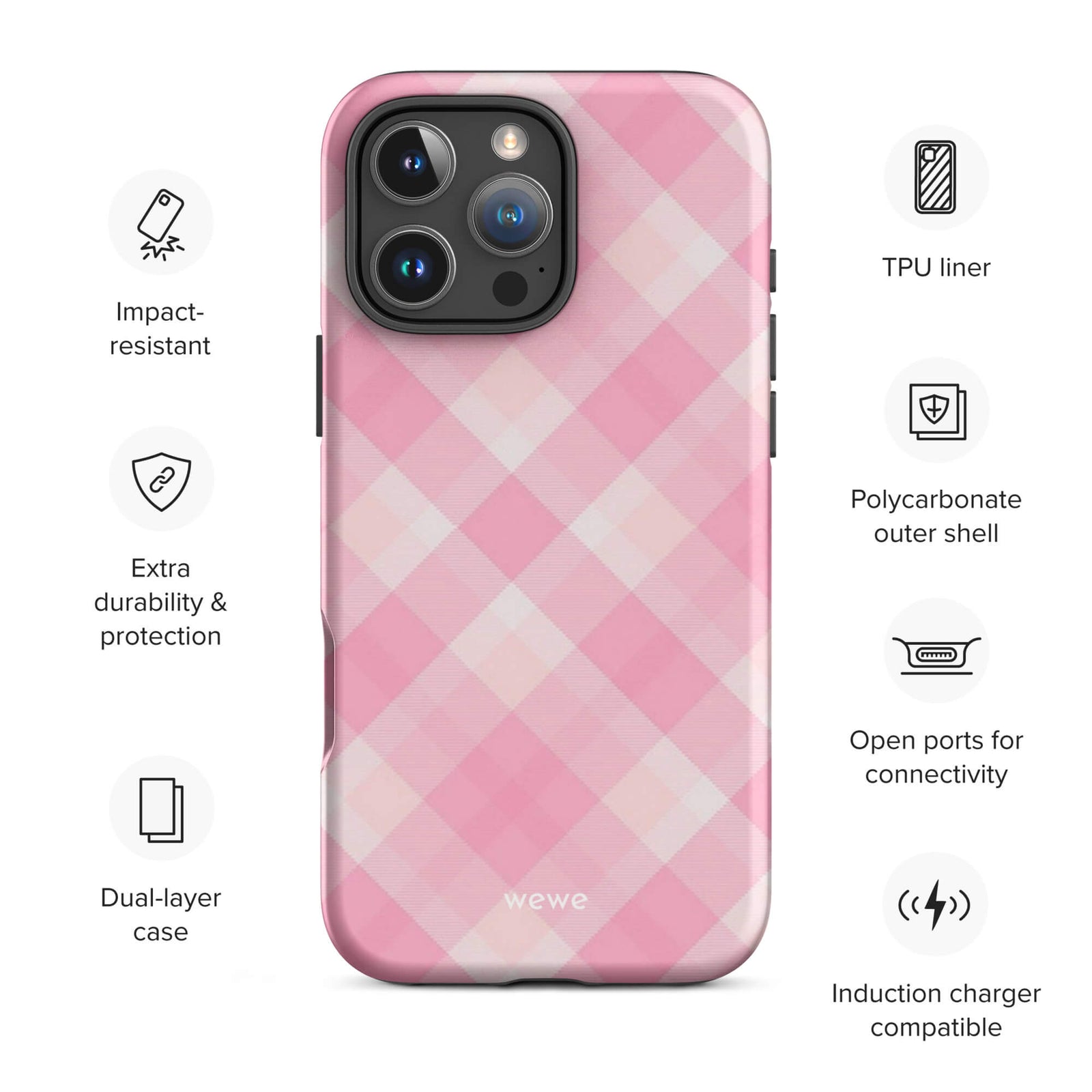 Custom blush pink gingham iphone case 16 pro max wireless charging compatible.