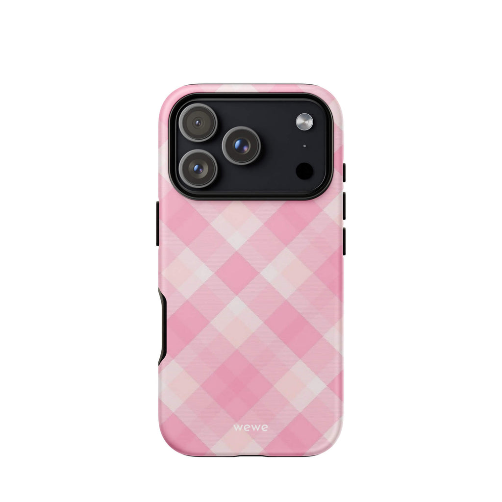 Custom blush pink gingham iphone case 17 pro vintage style.