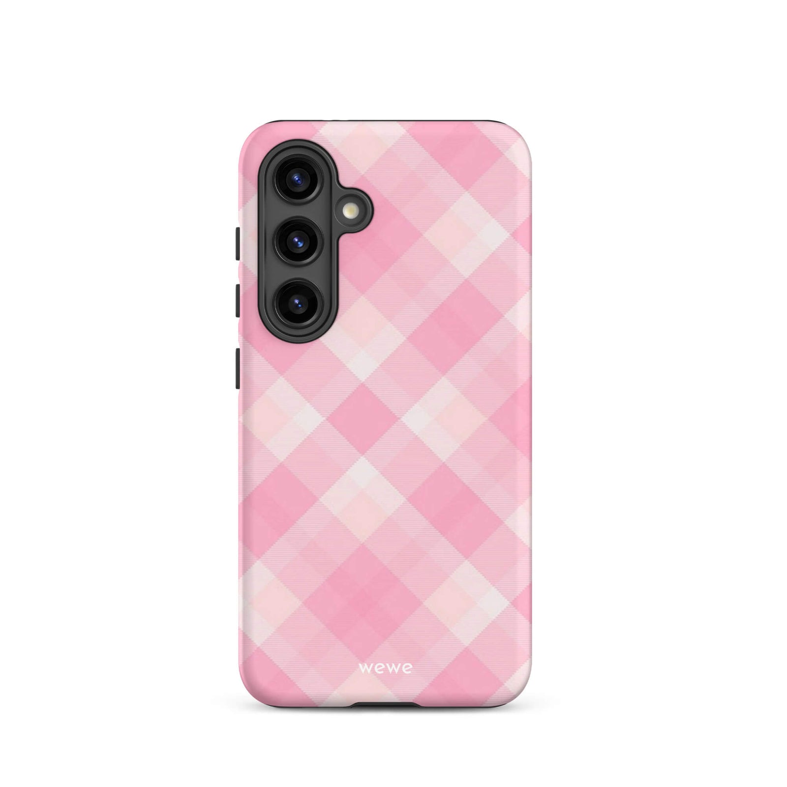 Custom samsung galaxy s24 Phone case with a  classic pink and white gingham checkered pattern.