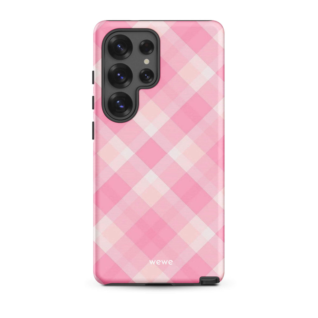 Custom samsung galaxy s25 ultra Phone case with a  classic pink and white gingham checkered pattern.