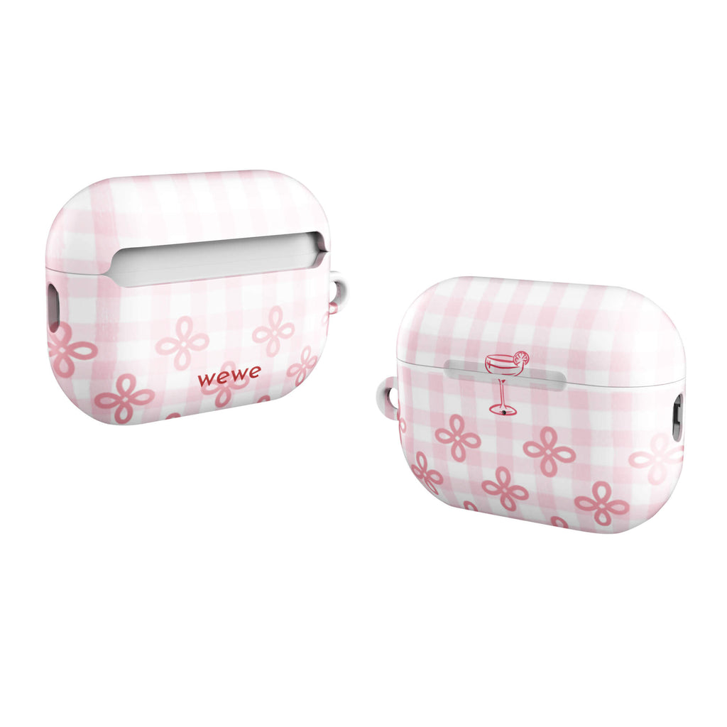 Custom airpods case pro gen2 with pink and white gingham checkered pattern, cocktail glass illustration, and ribbon designs.