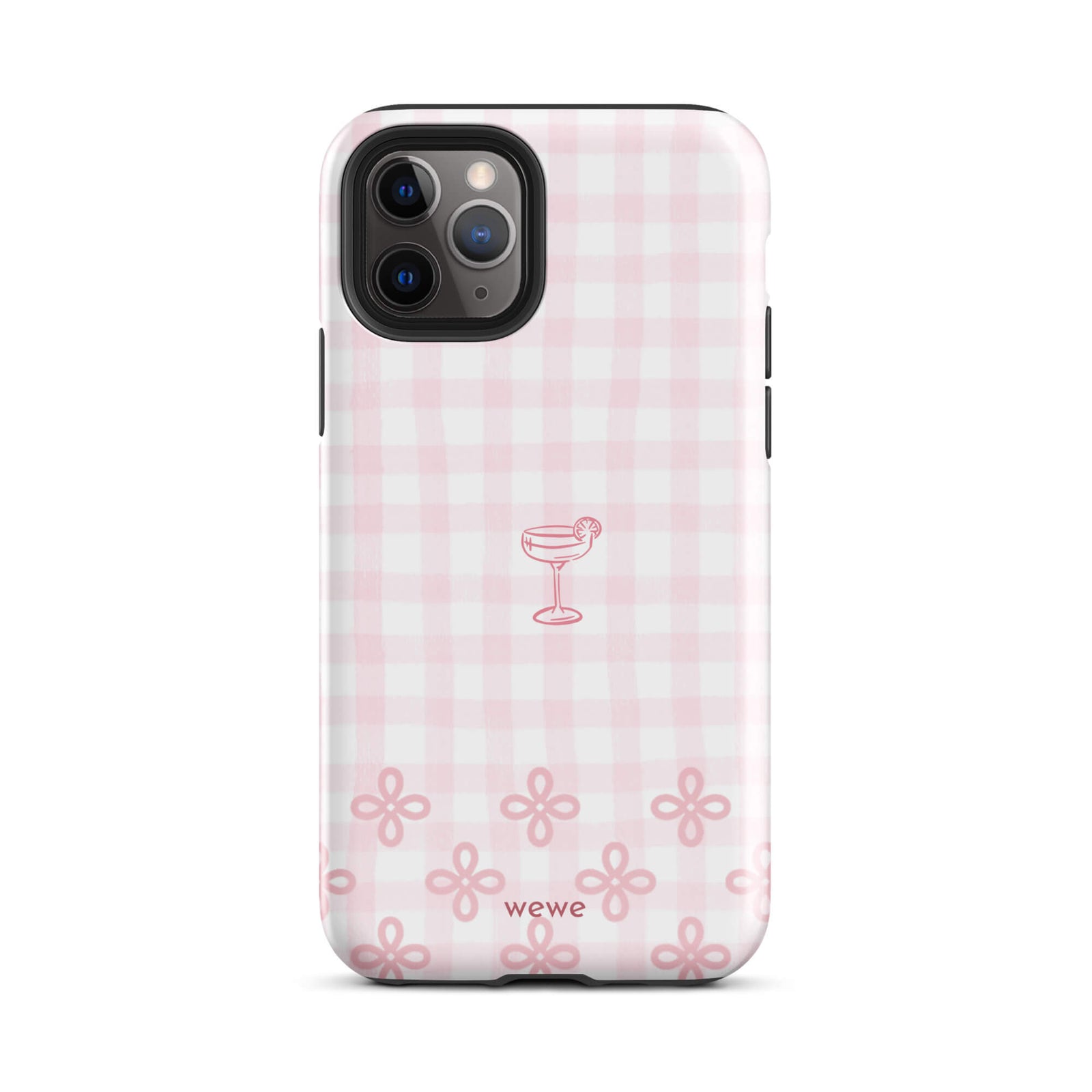Custom iPhone case 11 pro with pink and white gingham checkered pattern, cocktail glass illustration, and ribbon designs.